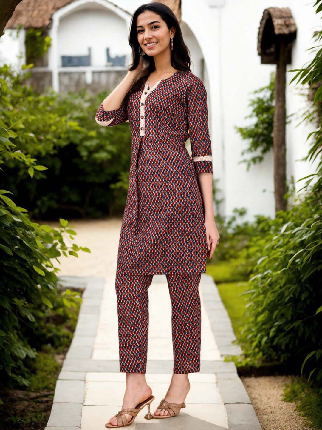 Anouk Printed Pure Cotton Notch Neck Tunic And Trouser