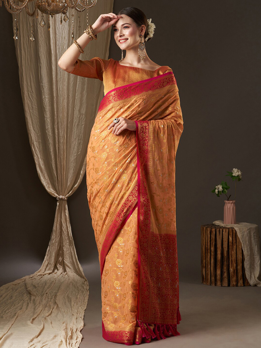 Anouk Peach-Coloured & Red Woven Design Zari Pure Georgette Kanjeevaram Saree