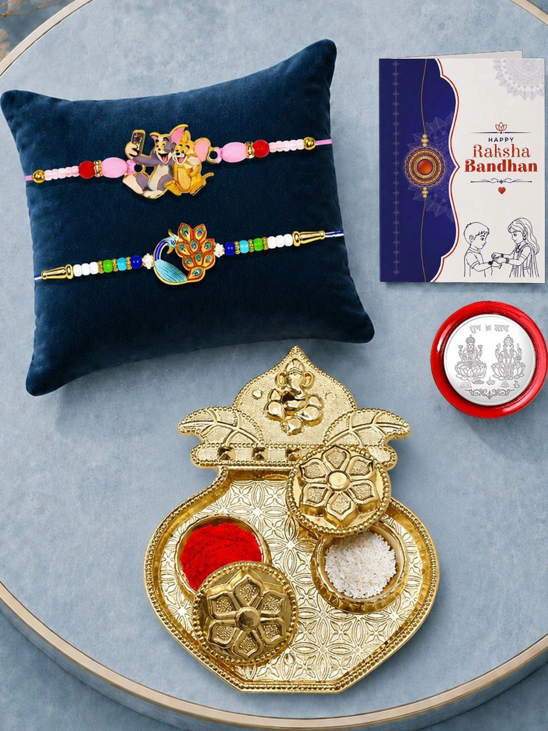DeoDap Set Of 6 Rakhi Gift Set With Coin Greating Card & Roli Chawal