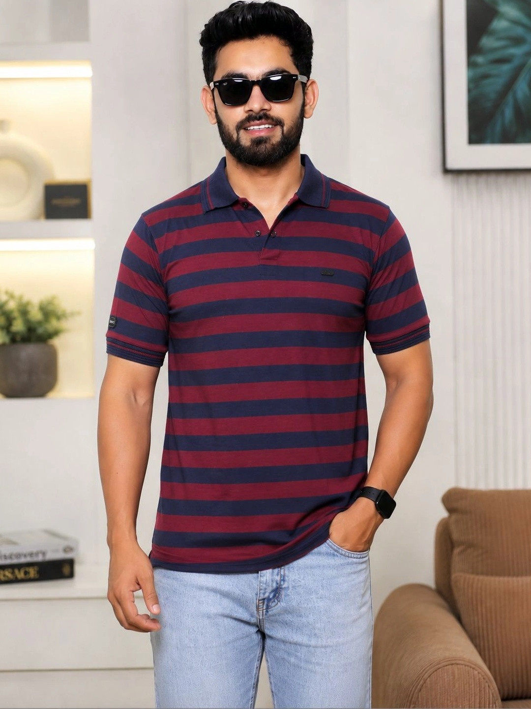 OZONECO Men Striped Polo Collar T-shirt