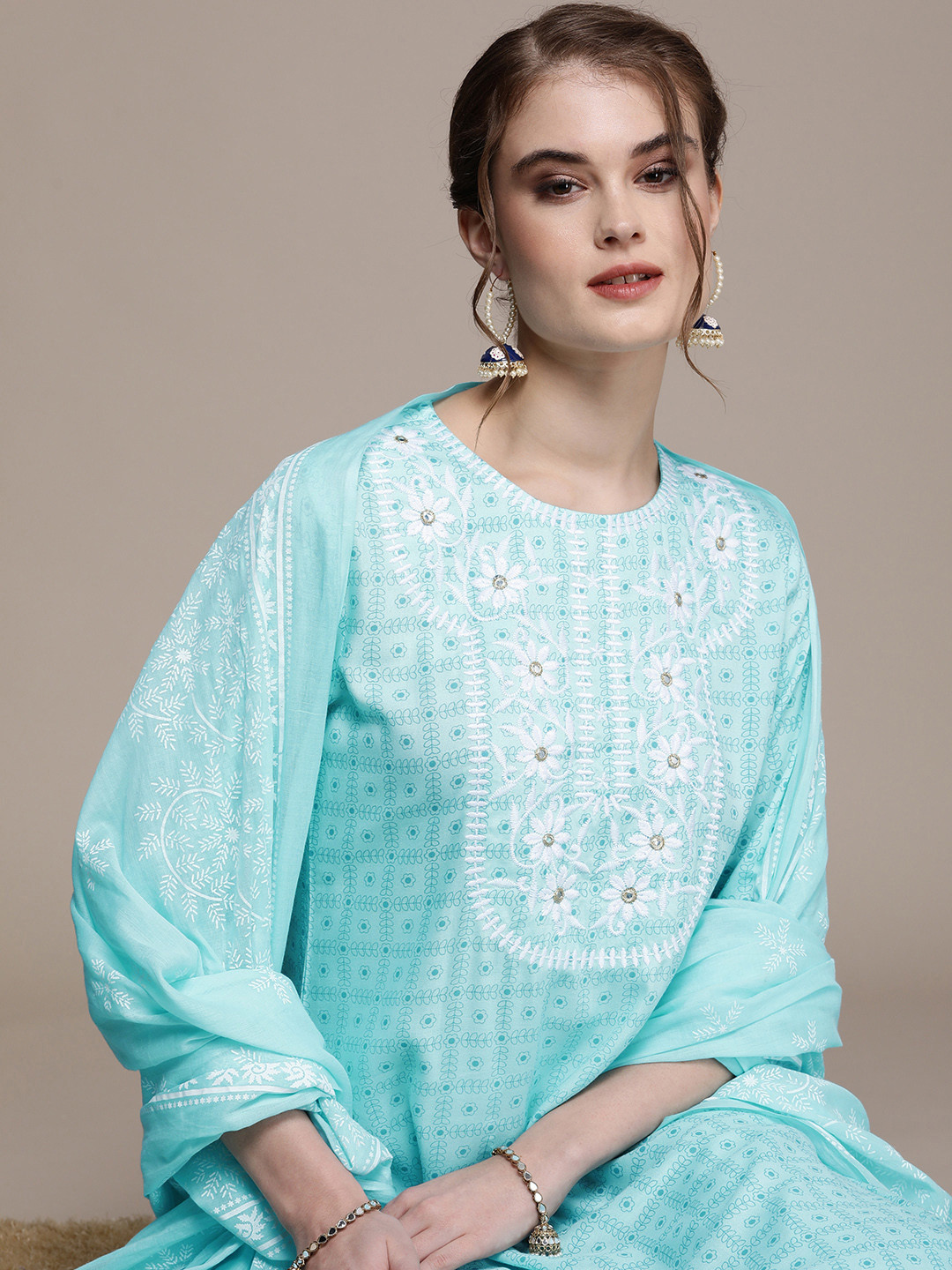 Anouk Women Blue Embroidered Regular Thread Work Kurta with Trousers & With Dupatta