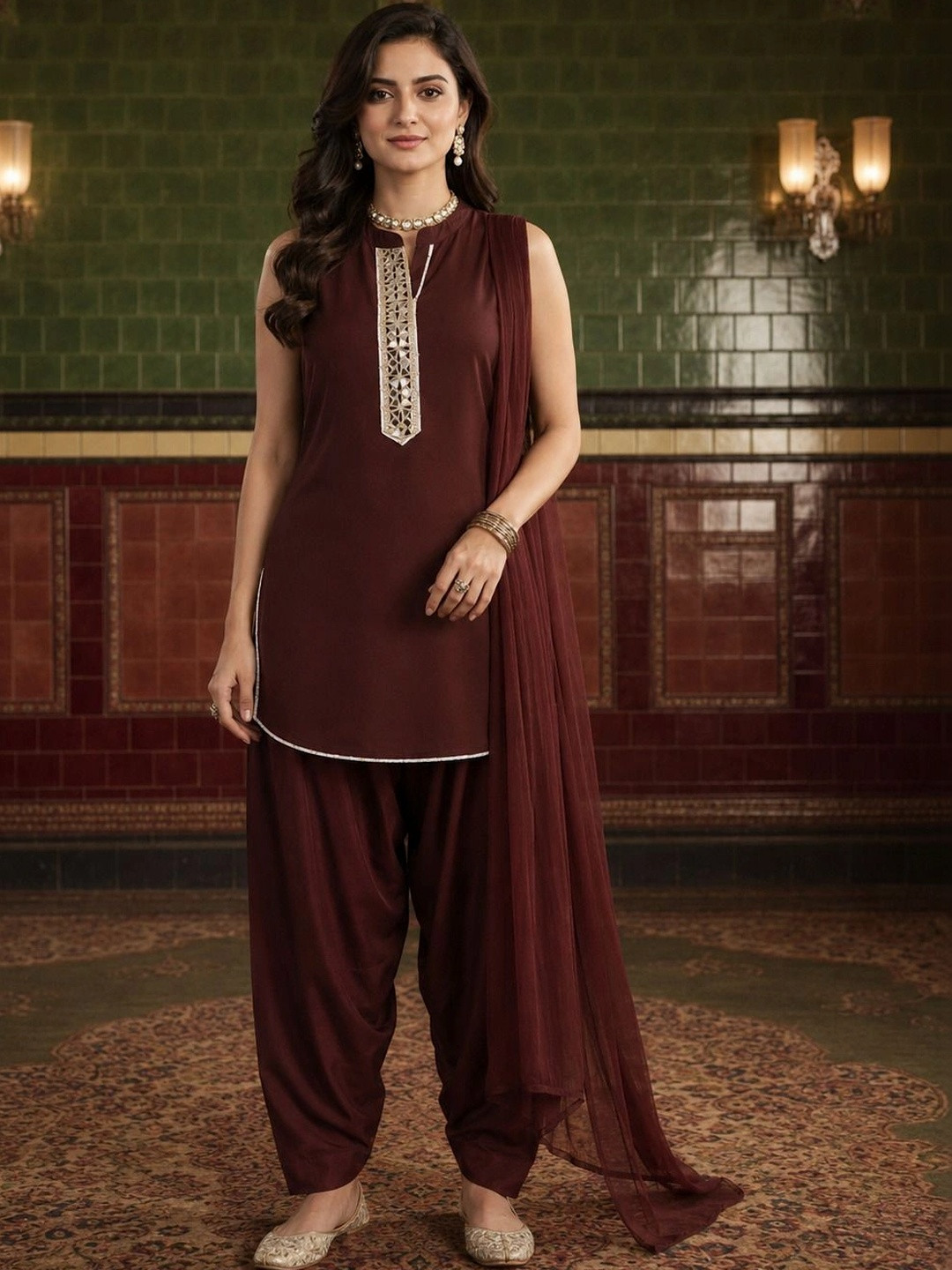 House of Pataudi Women Embroidered Regular Mirror Work Kurta with Farshi Salwar & With Dupatta
