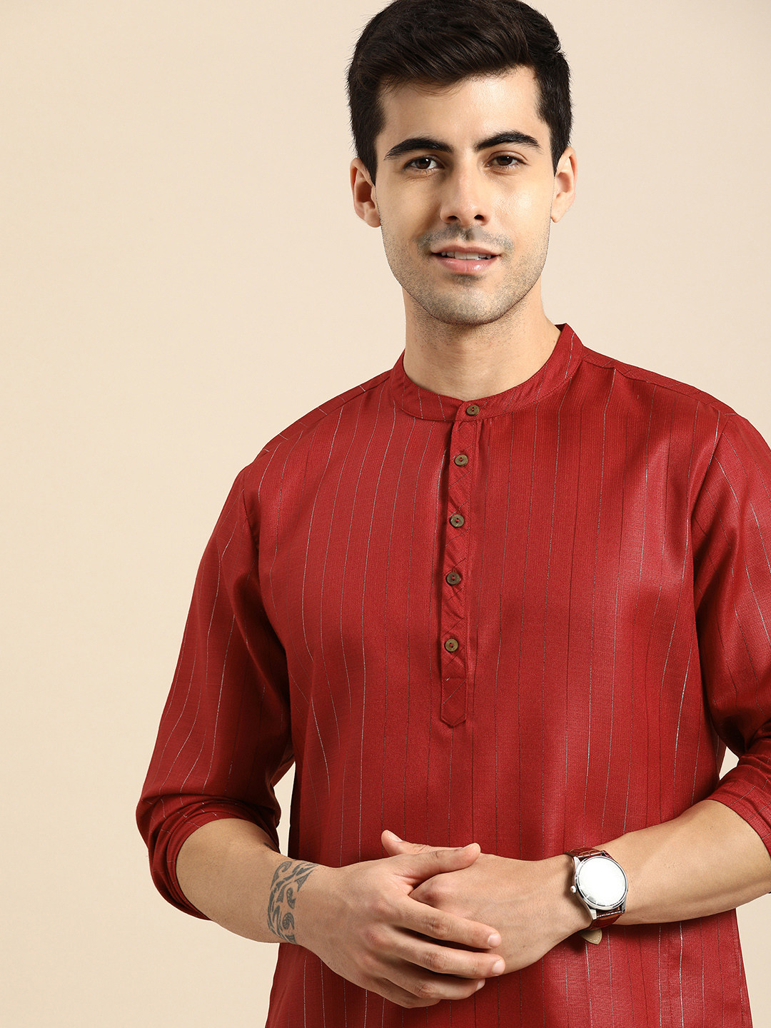 Anouk Men Red & Gold-Coloured Striped Straight Kurta