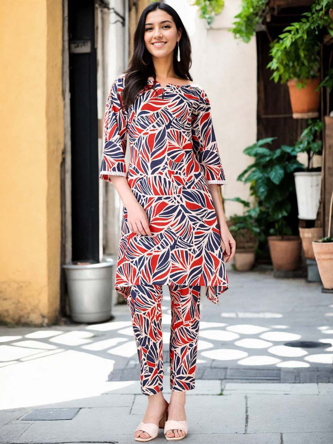 Anouk Printed Notch Neck Pure Cotton Tunic With Trousers
