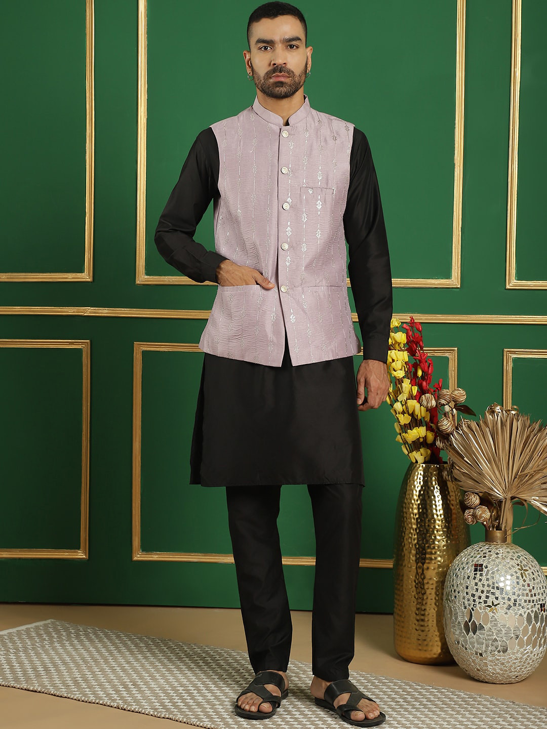 Anouk Lavender & Black Embroidered Regular Sequinned Kurta with Pyjamas