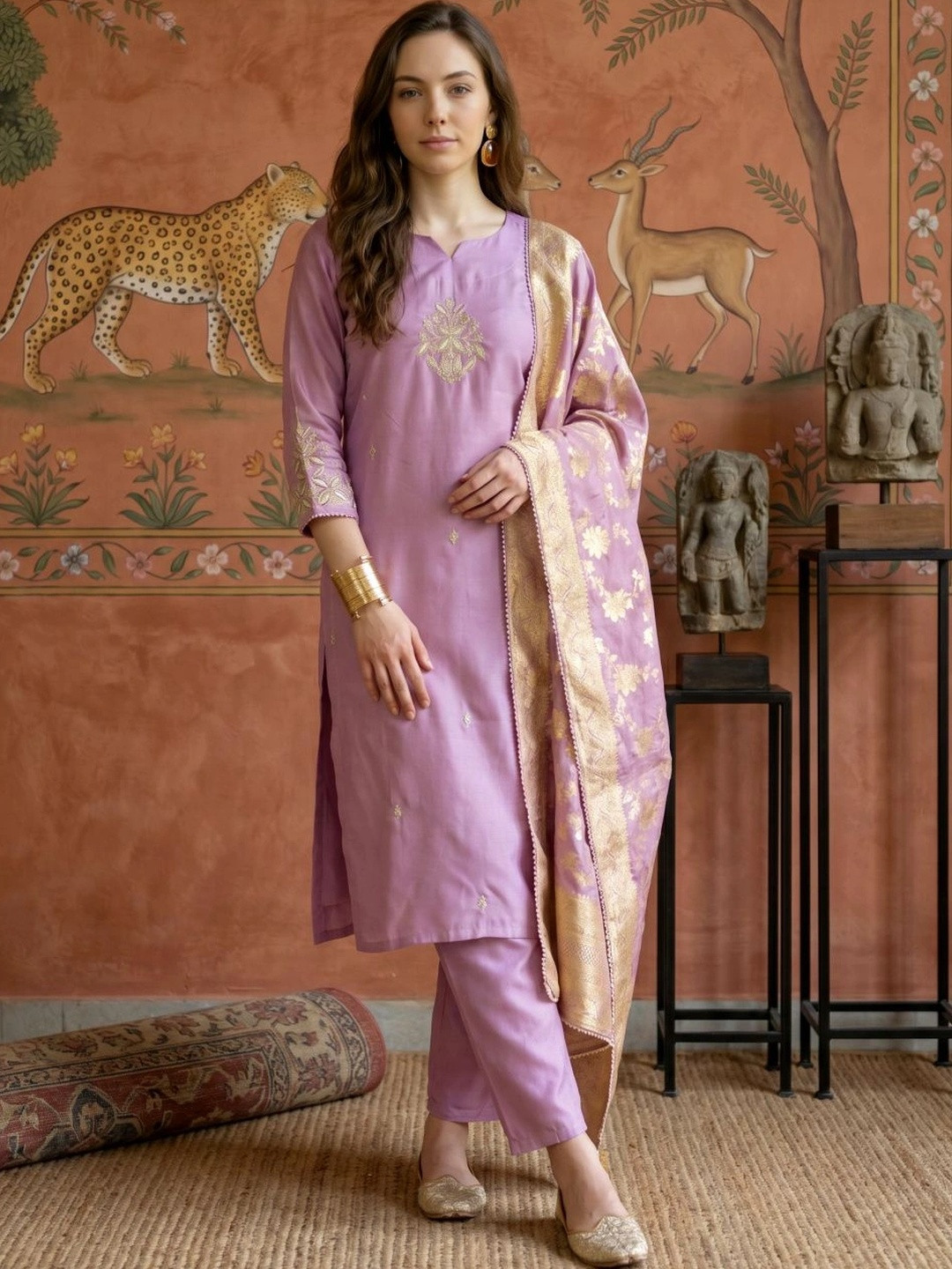 Sangria Women Ethnic Motifs Embroidered Regular Thread Work Kurta with Trousers & With Dupatta