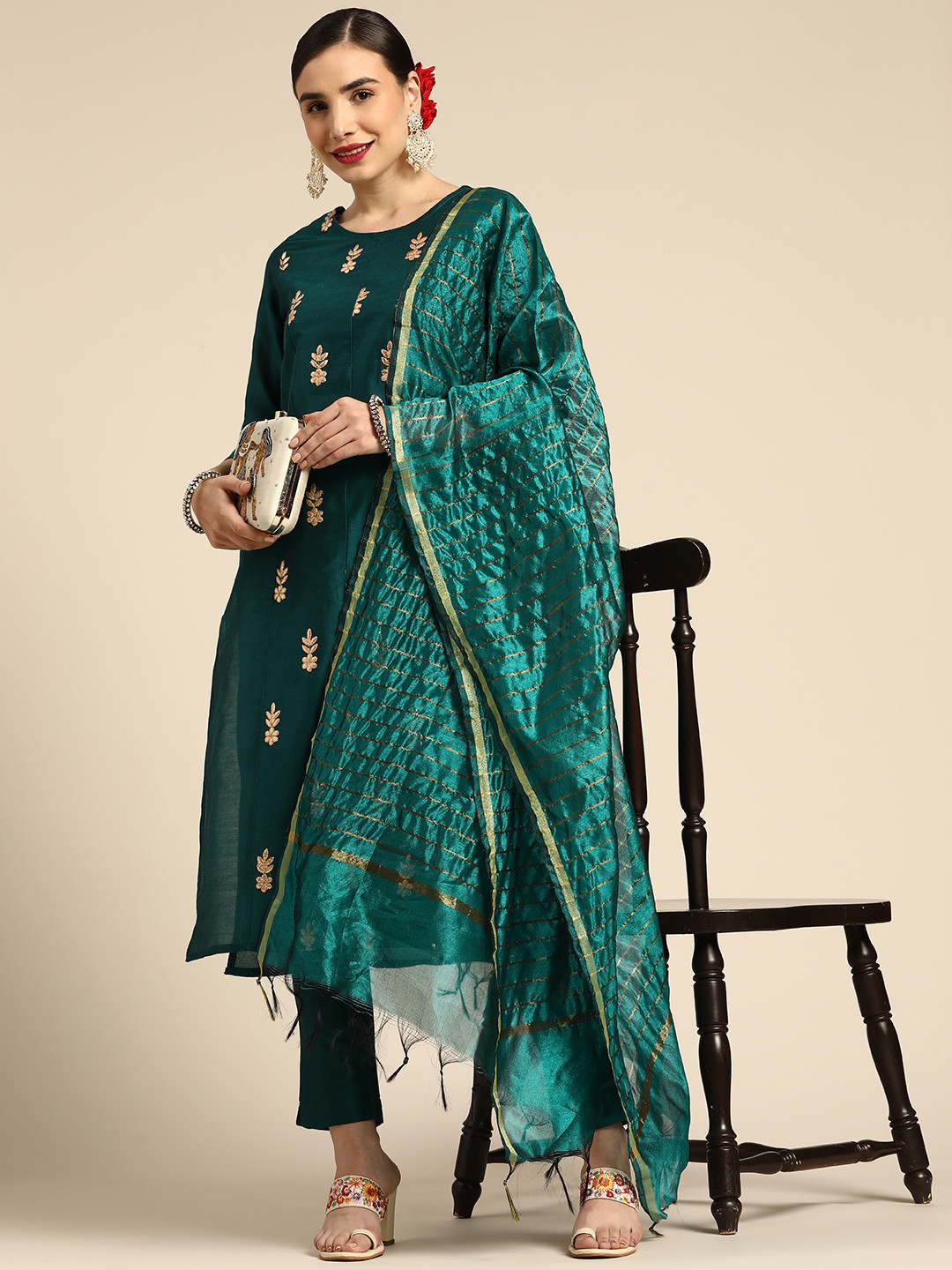 Anouk Women Teal Green Ethnic Motifs Self Design Kurta with Trousers & Dupatta