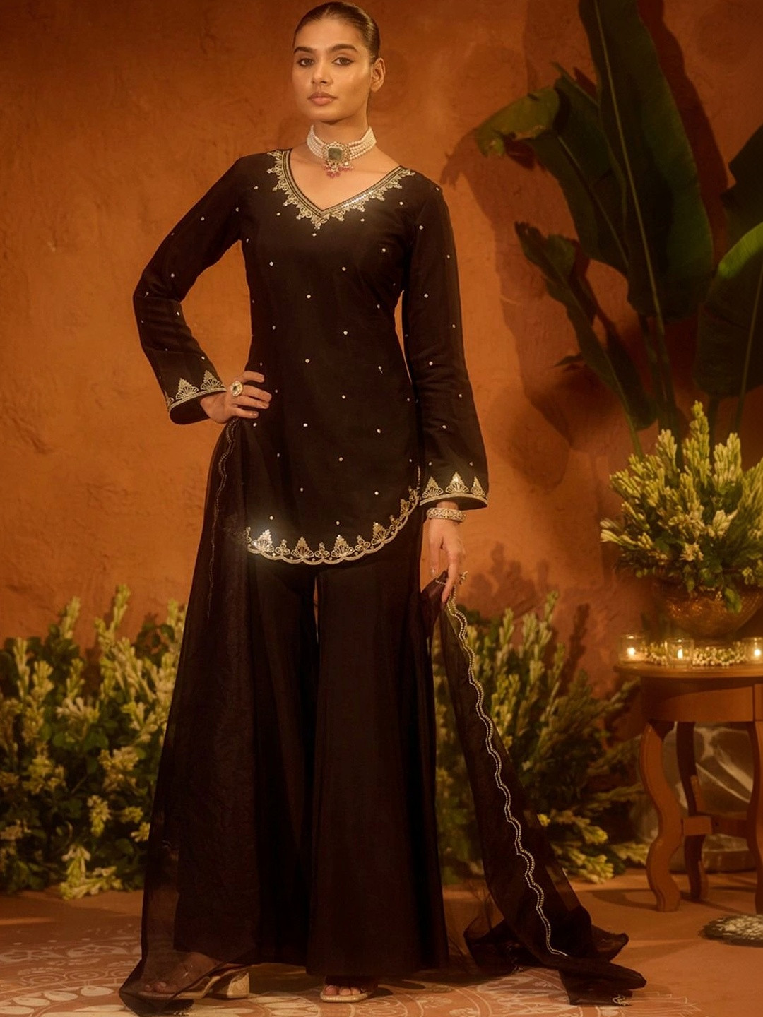 KALINI Women Ethnic Motifs Embroidered Regular Silk Crepe Kurta with Sharara & With Dupatta