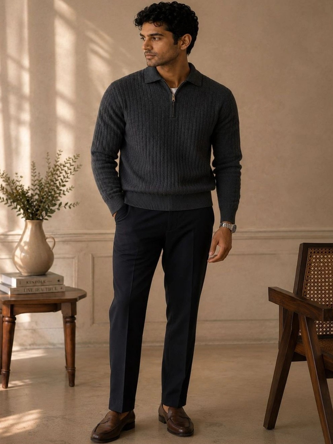KARAMKAR Men Ribbed Woollen Pullover