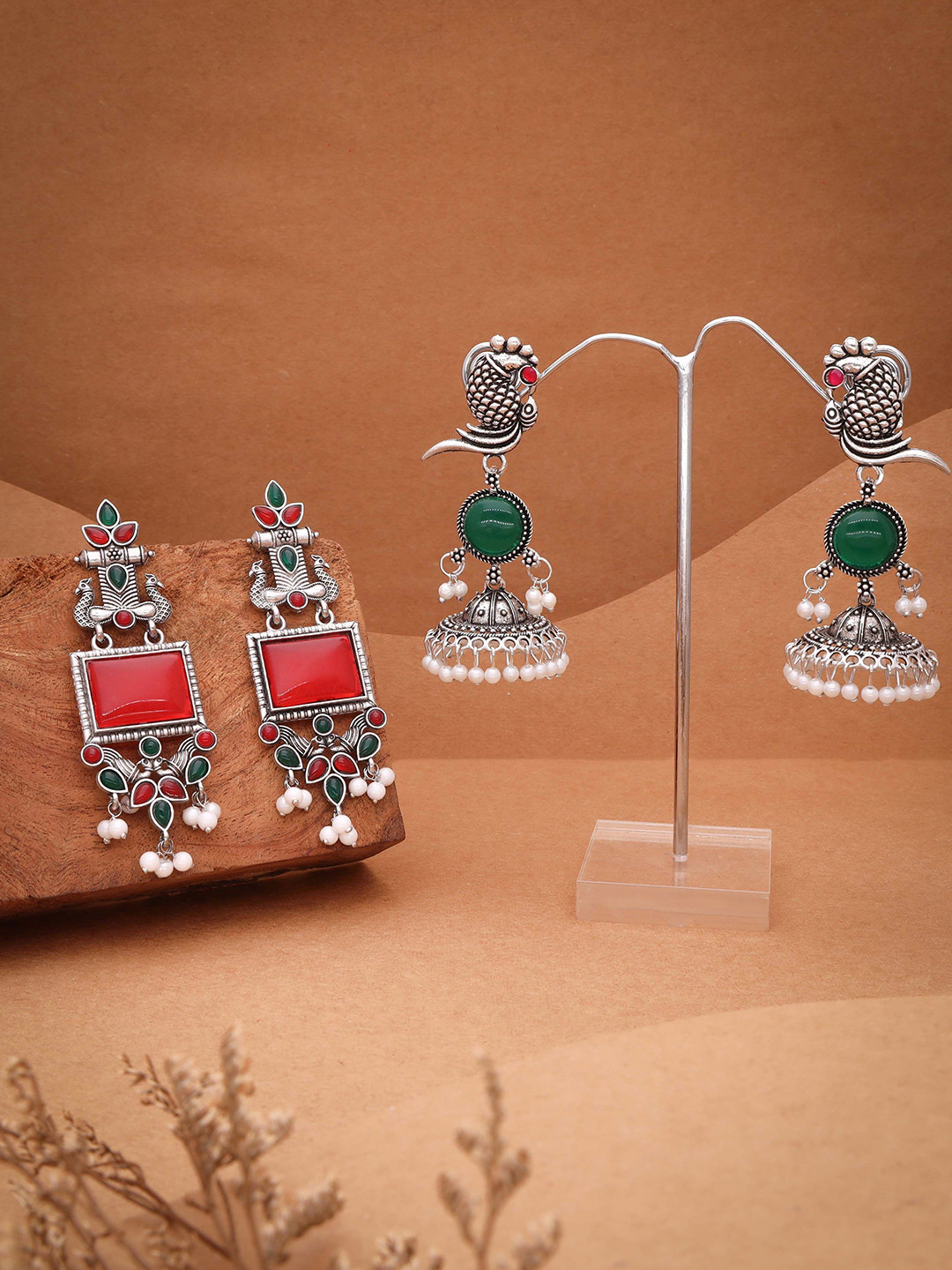 Anouk Set Of 2 Silver-Plated Artificial Stones and Beaded Contemporary Drop Earrings