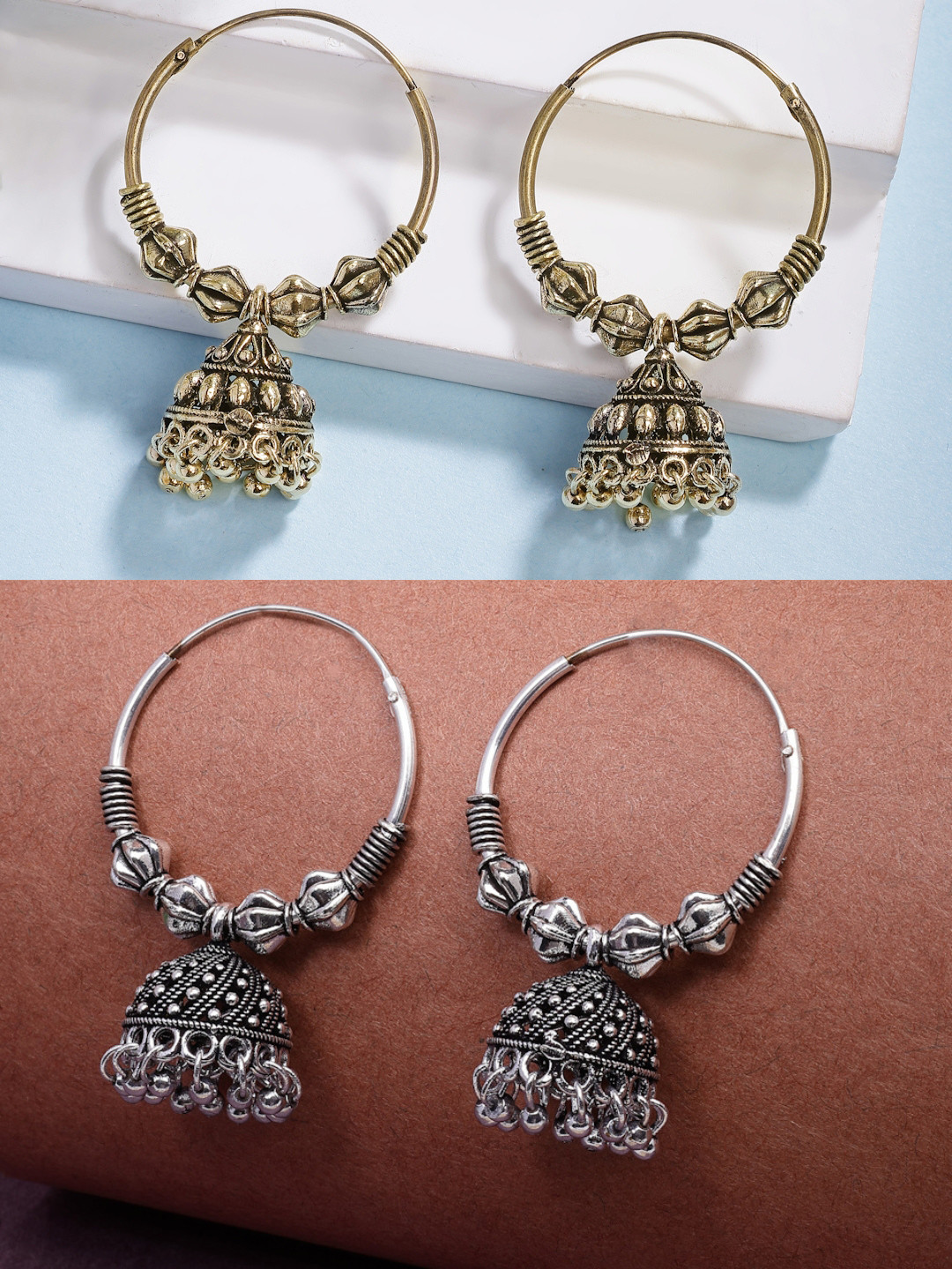 Anouk Women Traditional Set of 2 Oxidised Jhumka Earrings