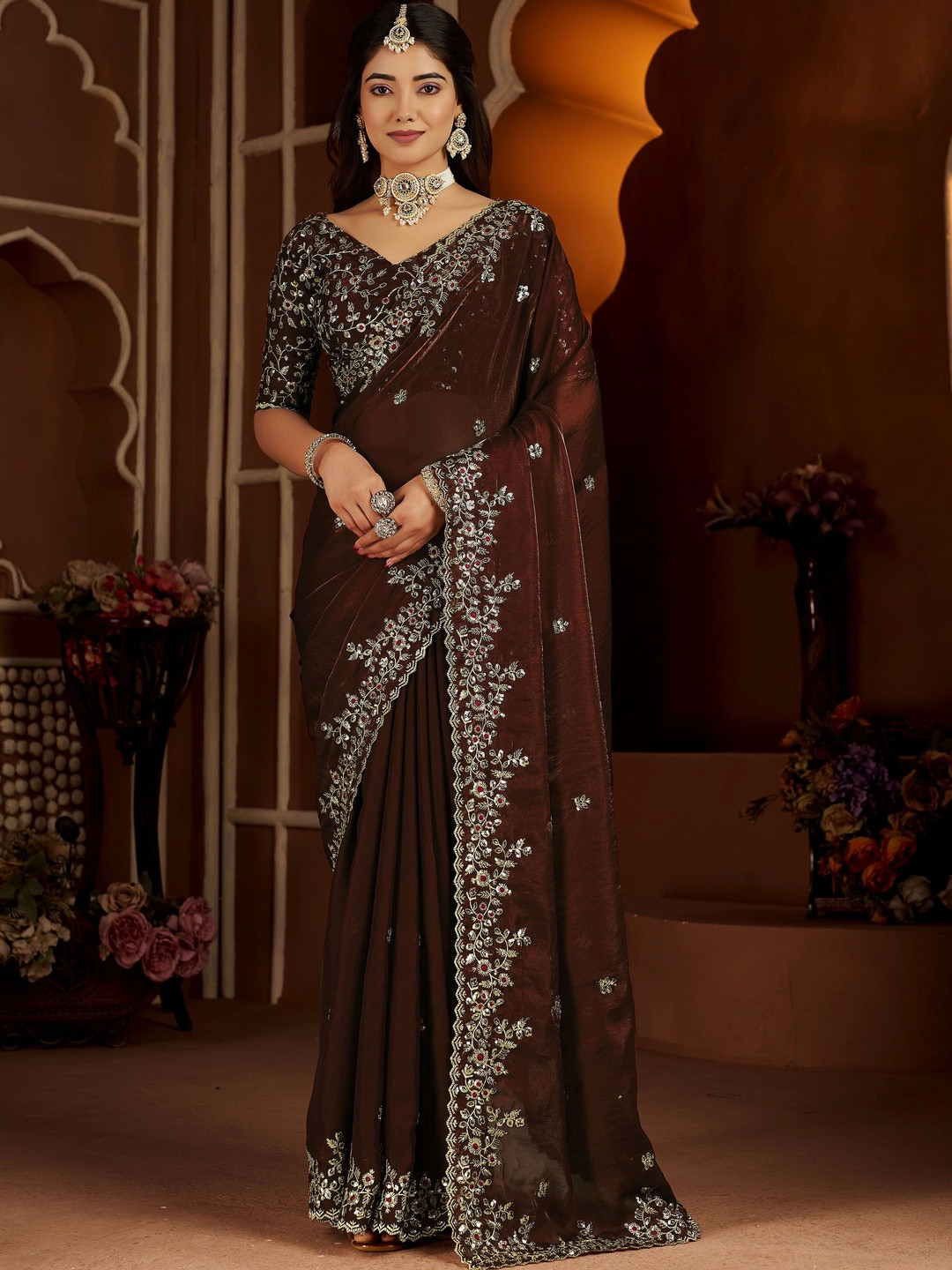 RAAG VARNAM Floral Embroidered Satin Saree