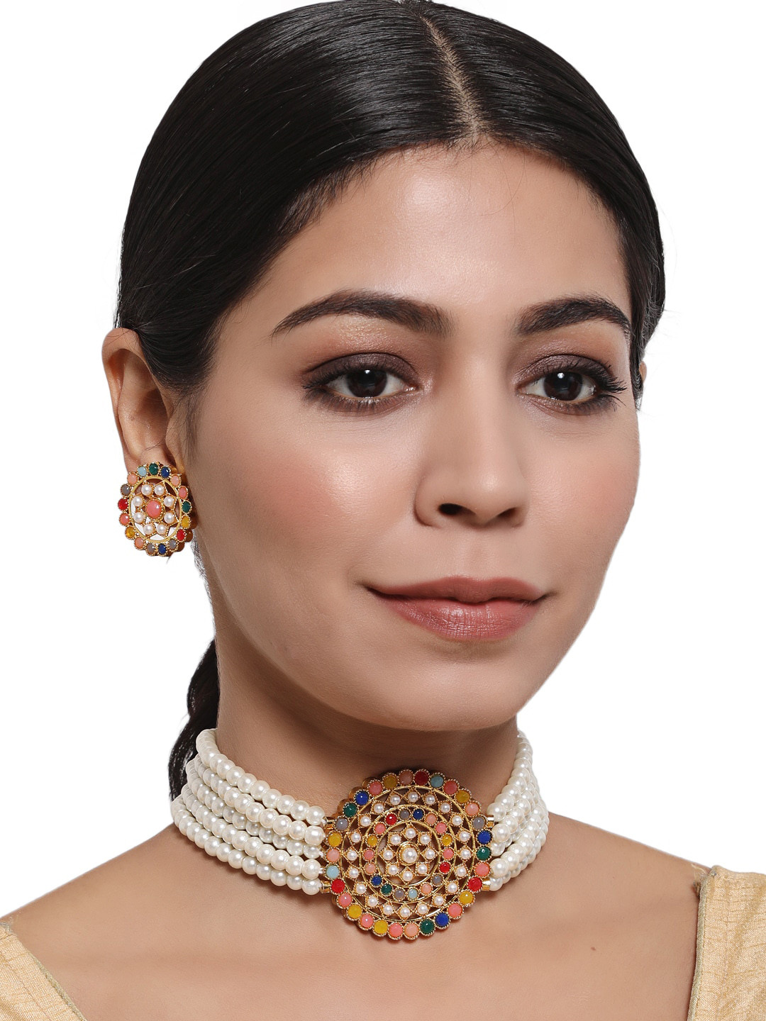 Anouk Gold-Toned & Green Gold-Plated Studded Choker Jewellery Set