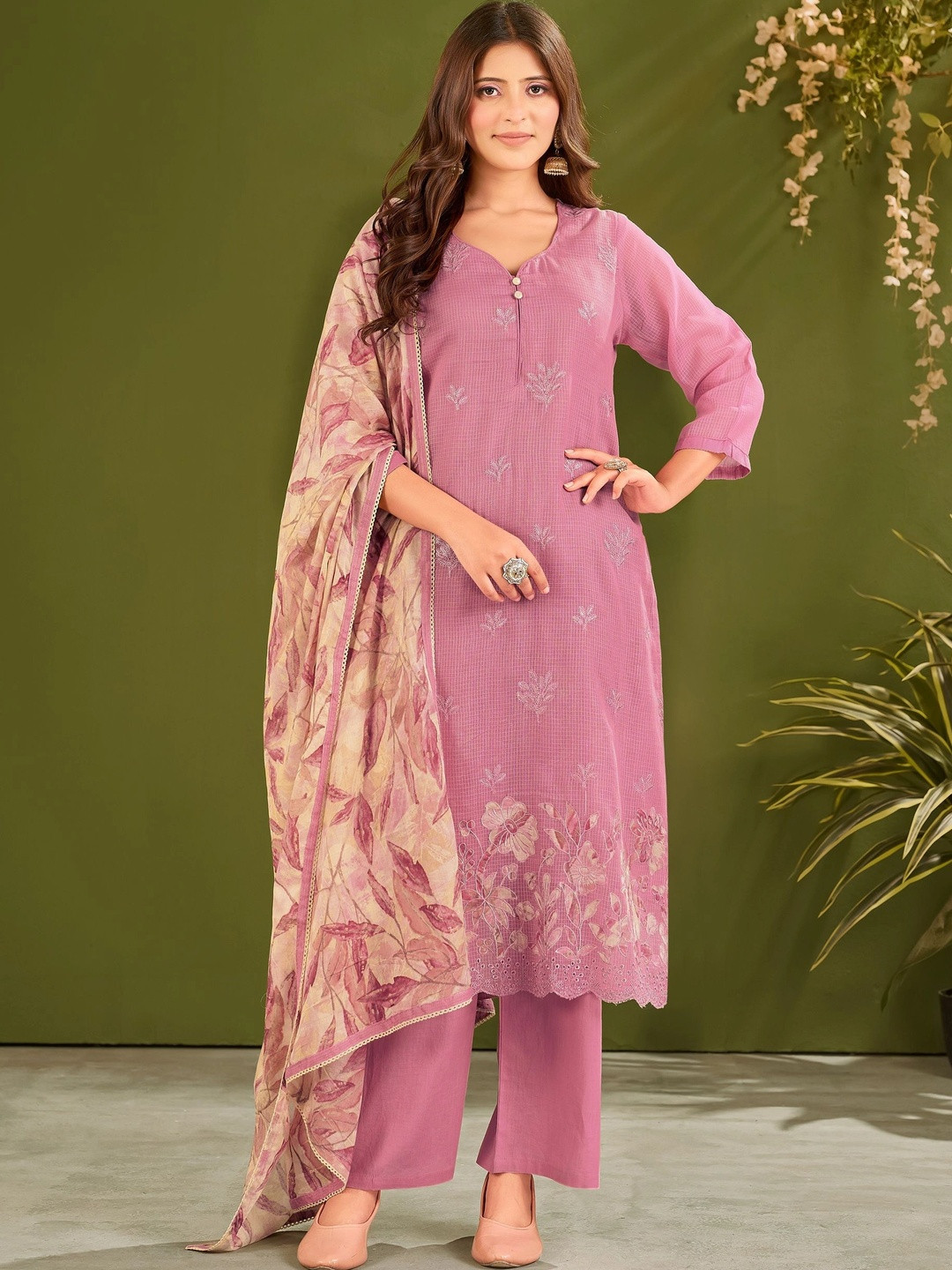 IOLY Women Ethnic Motifs Embroidered Regular Thread Work Pure Cotton Kurta with Palazzos & With Dupatta