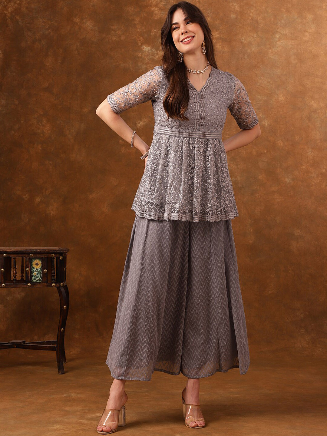 Anouk Grey Floral Embroidered Empire A-Line Sequinned Kurti with Palazzos