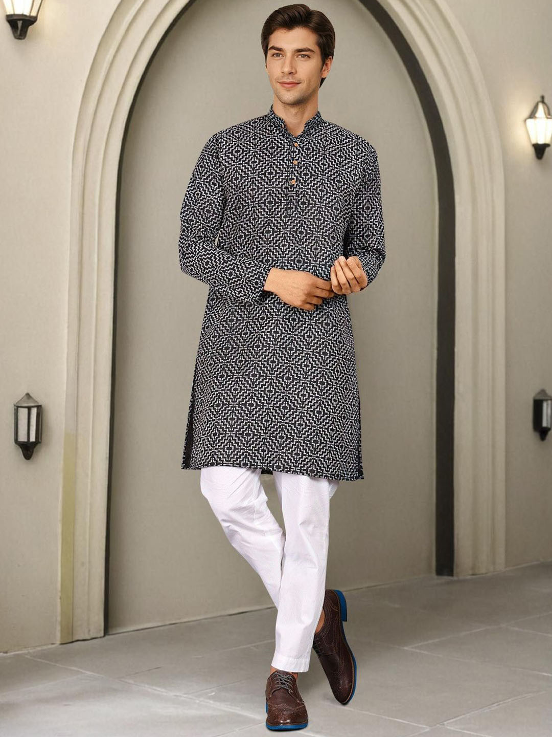 Anouk Geometric Printed Mandarin Collar Pure Cotton Straight Kurta