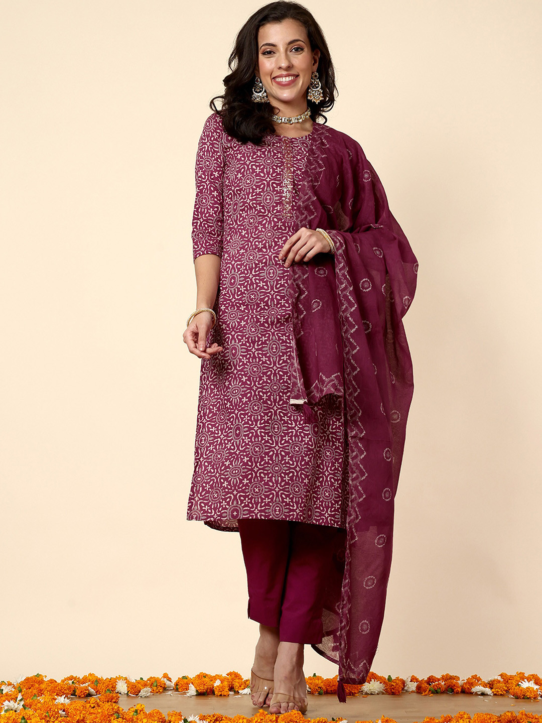 Anouk Magenta Ethnic Motifs Printed Sequined Cotton Kurta With Trousers & Dupatta