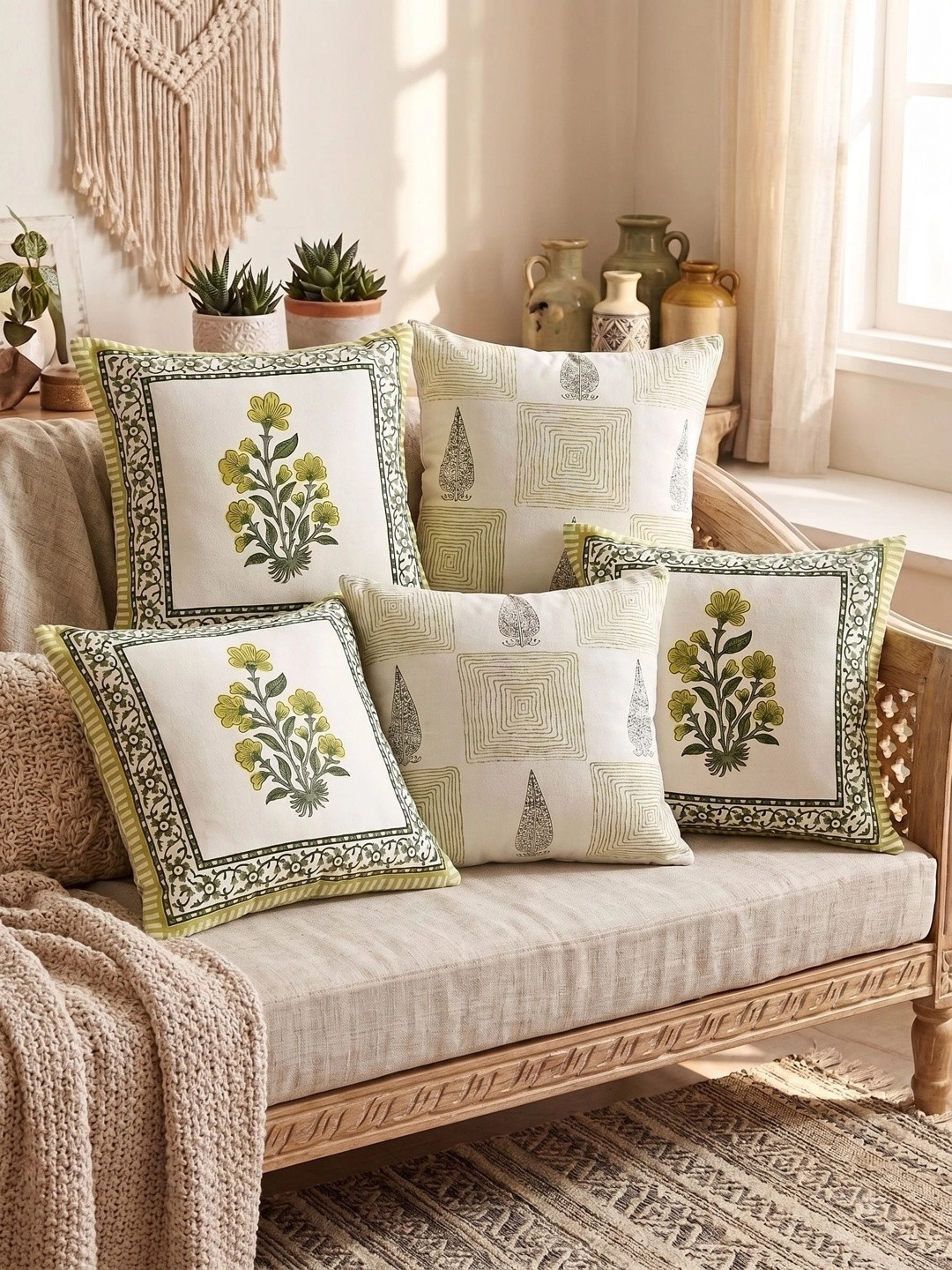 BLOCKS OF INDIA Green Set of 5 Floral Linen Blend Square Cushion Covers