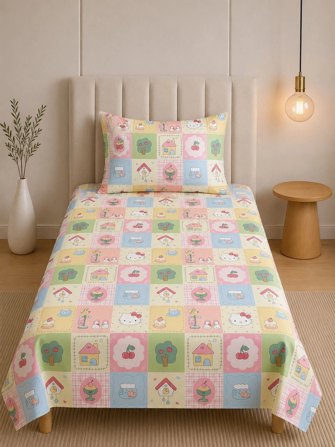 TINDLER KNOTS Green & Pink Cartoon Characters 144 TC Single Bedsheet with 1 Pillow Covers
