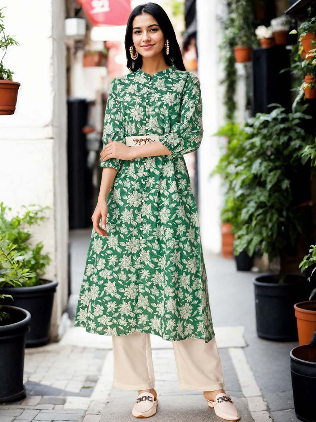 Anouk Women Floral Printed Mandarin Collar Pure Cotton A-Line Kurta With Palazzo