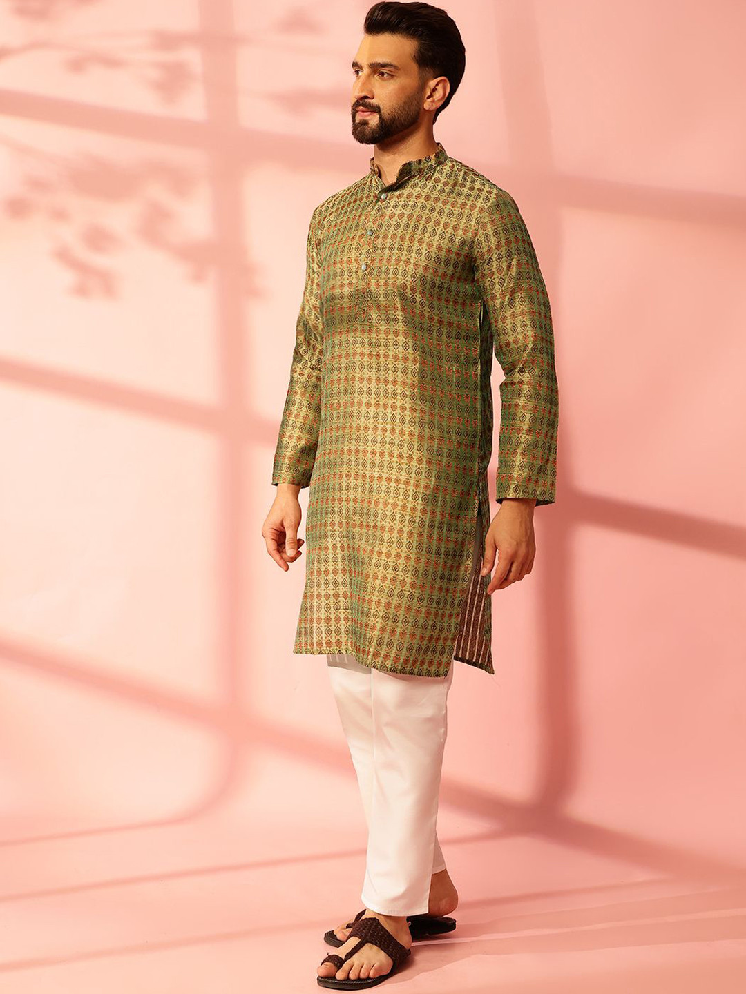 Anouk Ethnic Motifs Printed Band Collar Cotton Silk Straight Kurta