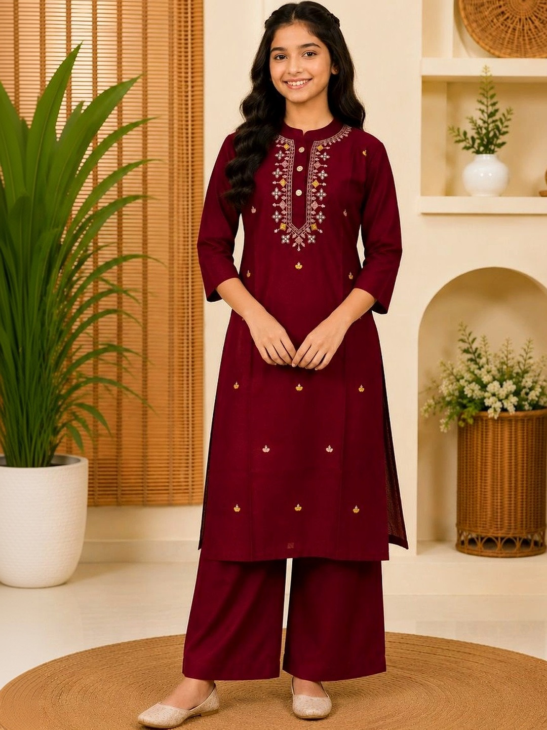 7Tiara Girls Ethnic Motifs Embroidered Regular Thread Work Kurta with Palazzos