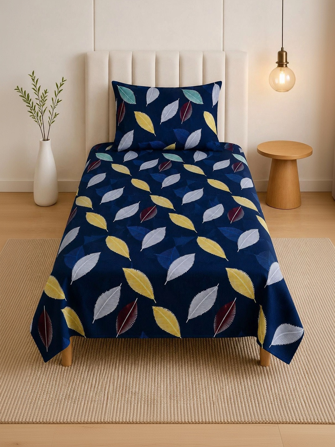TINDLER KNOTS Blue & Yellow Floral 144 TC Single Bedsheet with 1 Pillow Covers