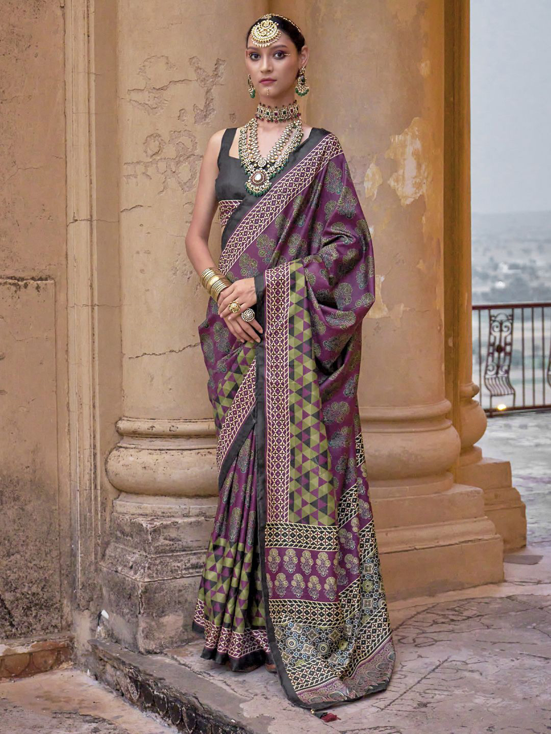 Anouk Ajrak Block Printed Banarasi Saree