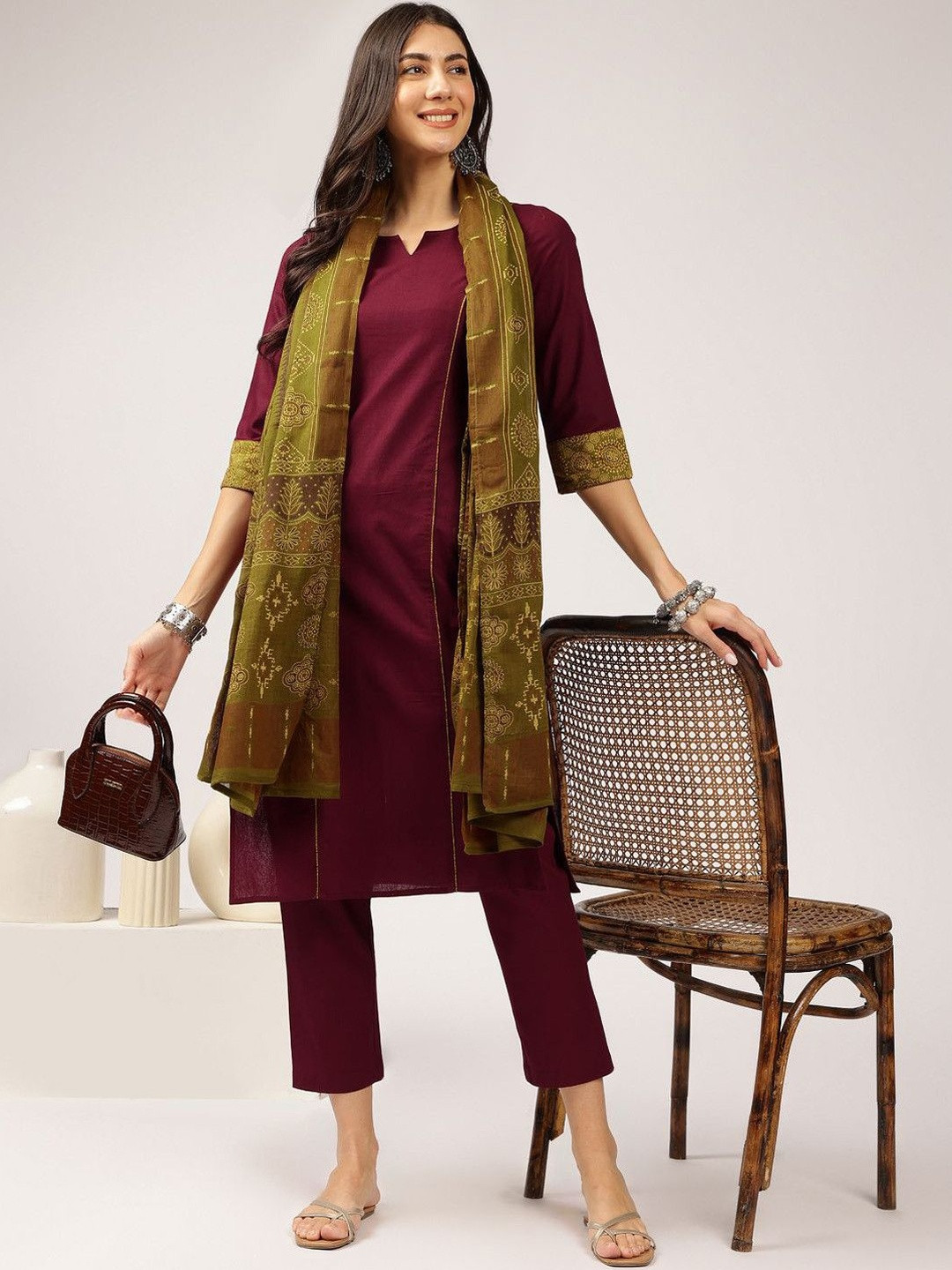 Anouk Maroon Notch Neck Pure Cotton Kurta with Trouser and Dupatta