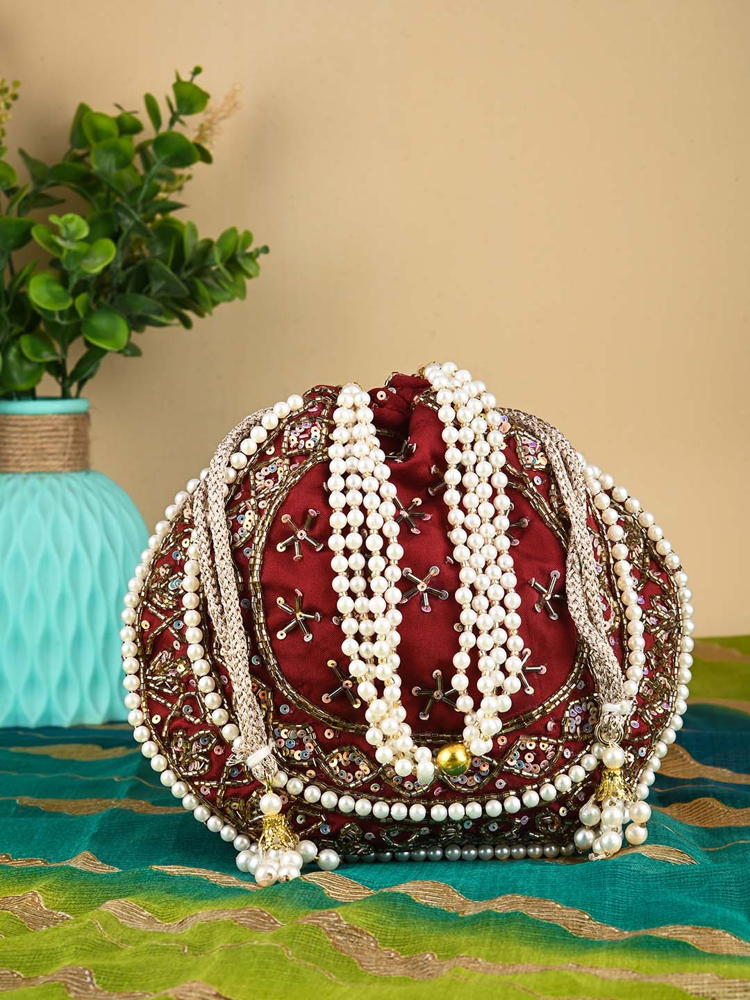 Anouk Maroon Embroidered Embellished Potli Clutch