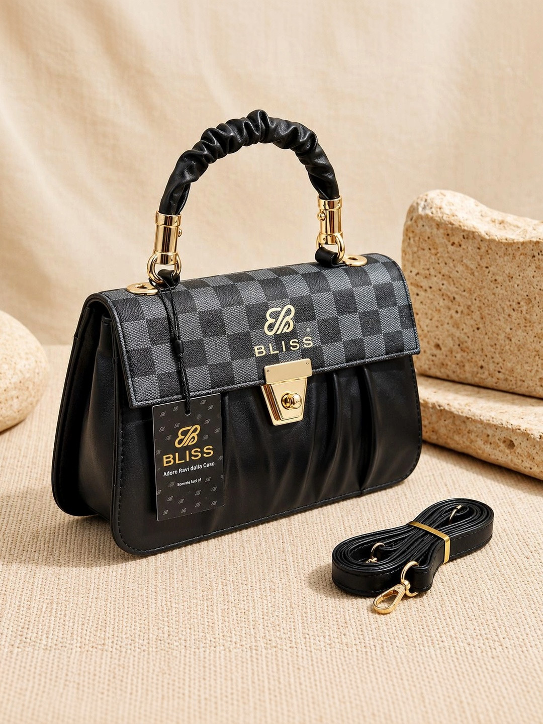 BLISS BOMBAY Checked PU Structured Handheld Bag with