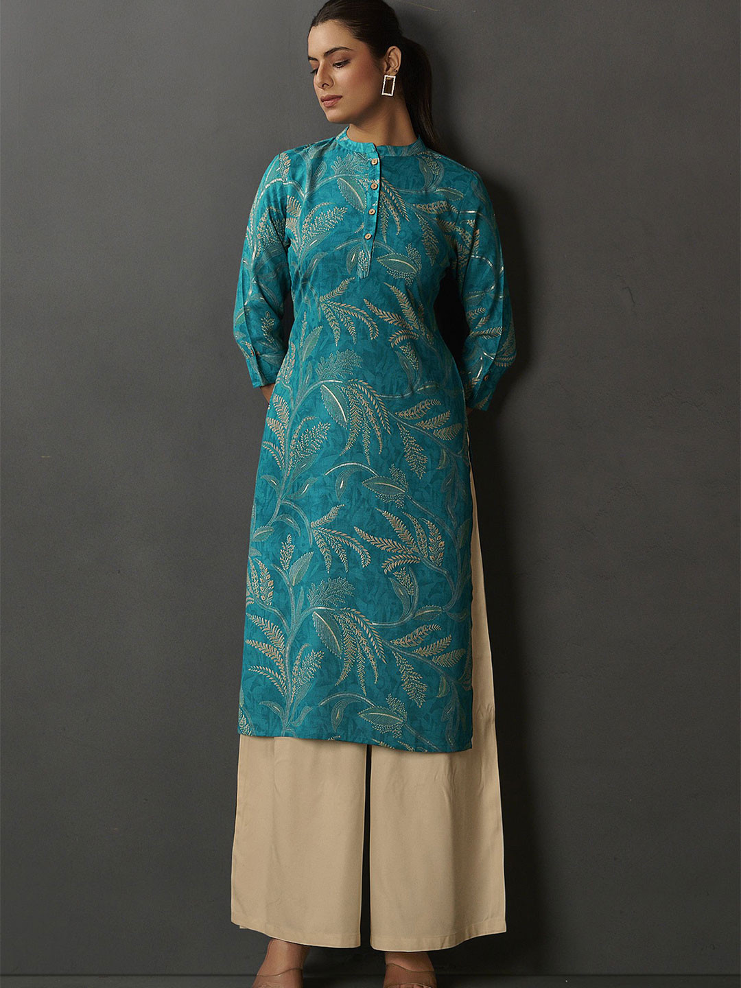 Anouk Floral Printed Mandarin Collar Straight Kurta