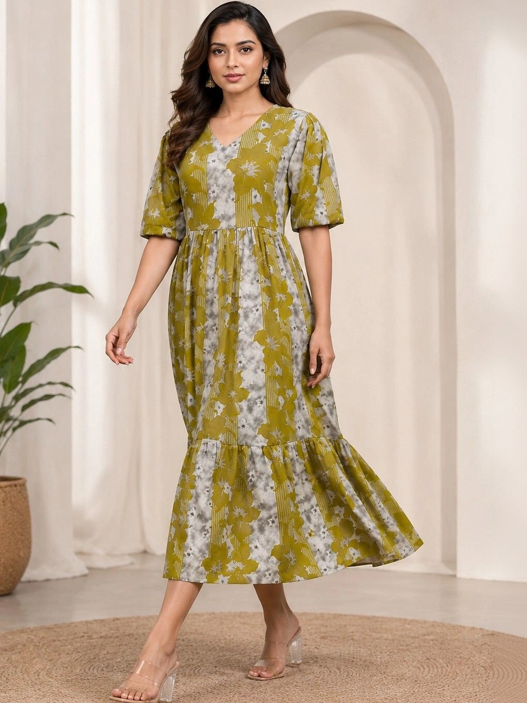 HARIKS Floral Print A-Line Midi Dress