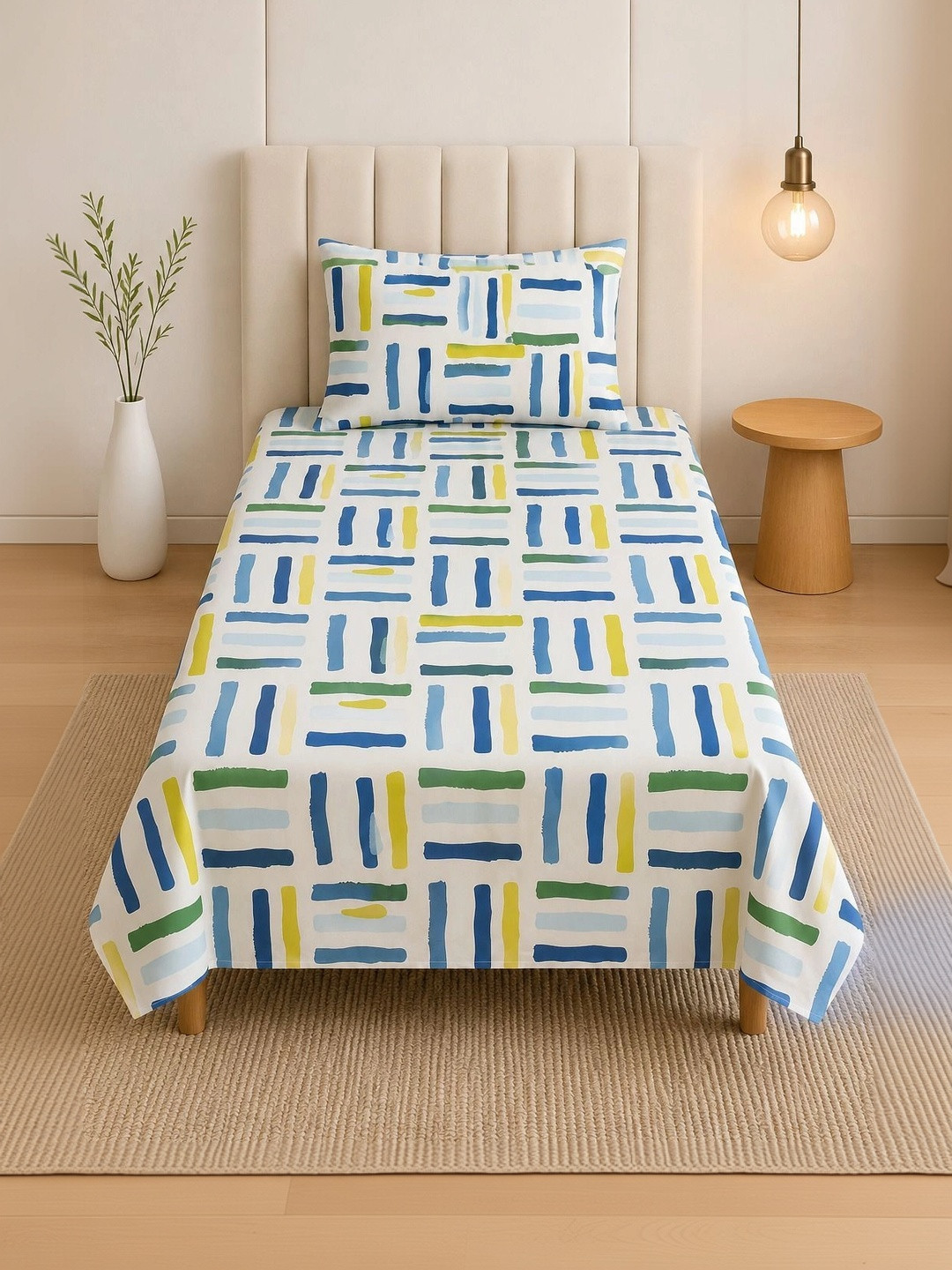 TINDLER KNOTS Green & Blue 144 TC Single Bedsheet with 1 Pillow Covers