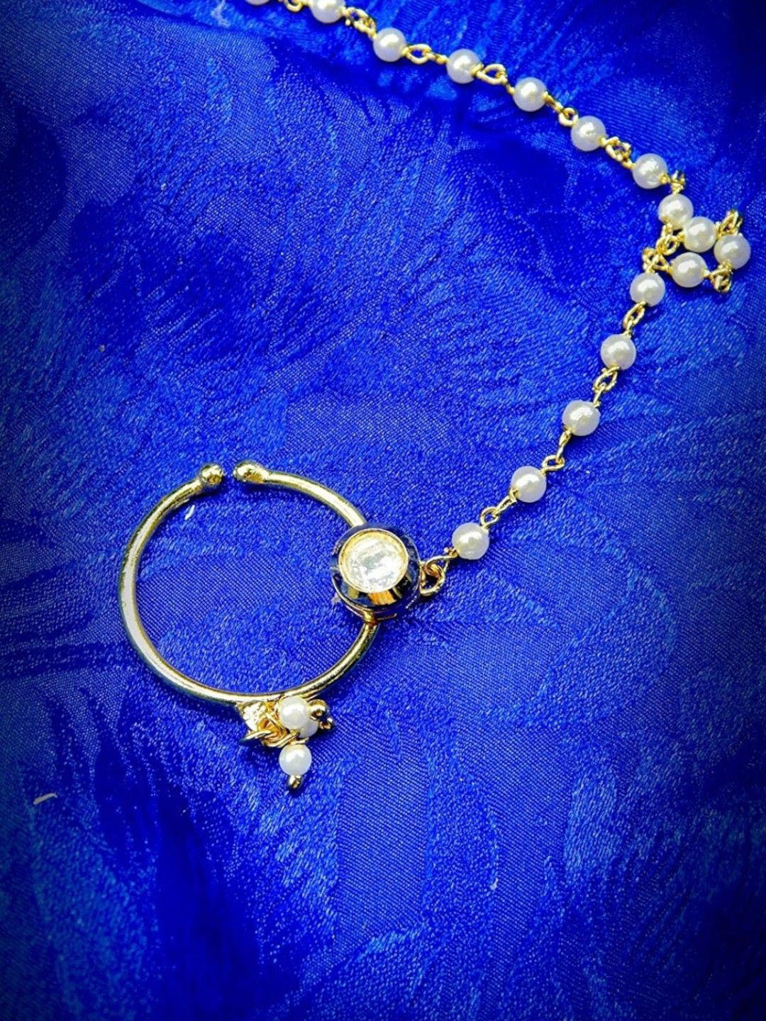 Anouk Gold-Plated Kundan Studded & Pearls Beaded Layered Chained Nosepin