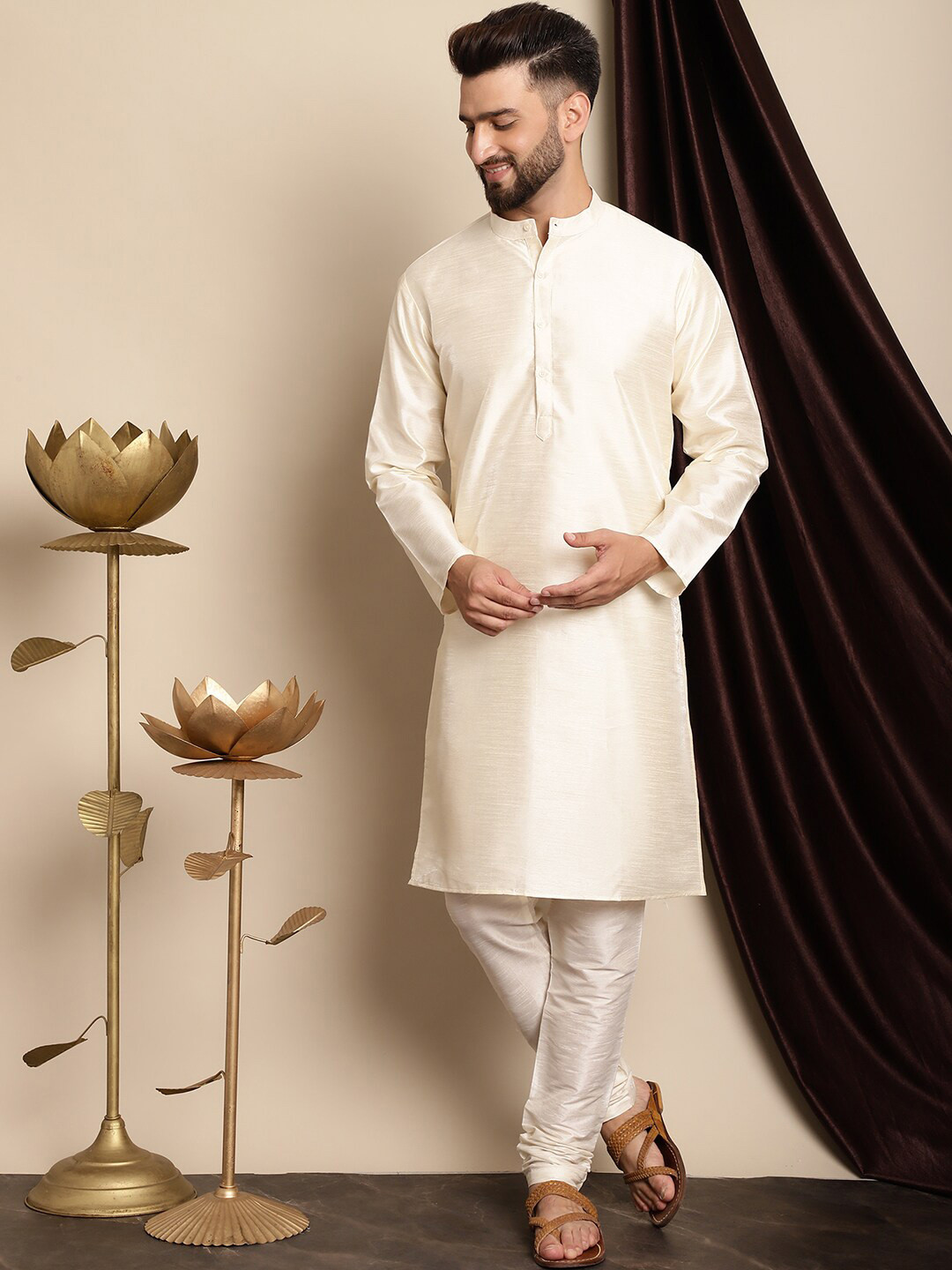 Anouk Cream-Coloured Band Collar Straight Kurta with Churidar