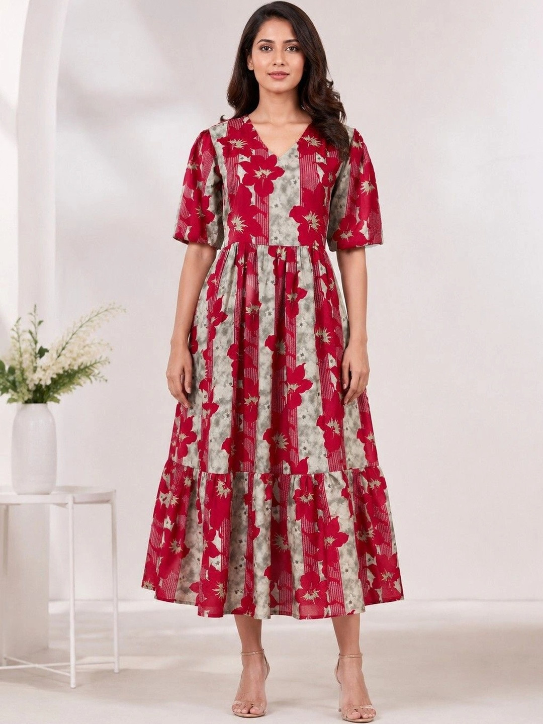 HARIKS Floral Print Puff Sleeve A-Line Midi Dress