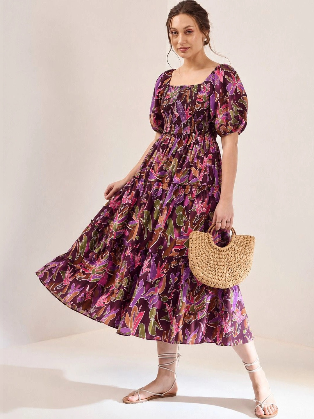 Multicoloured Floral Puff Sleeve Midi Dress