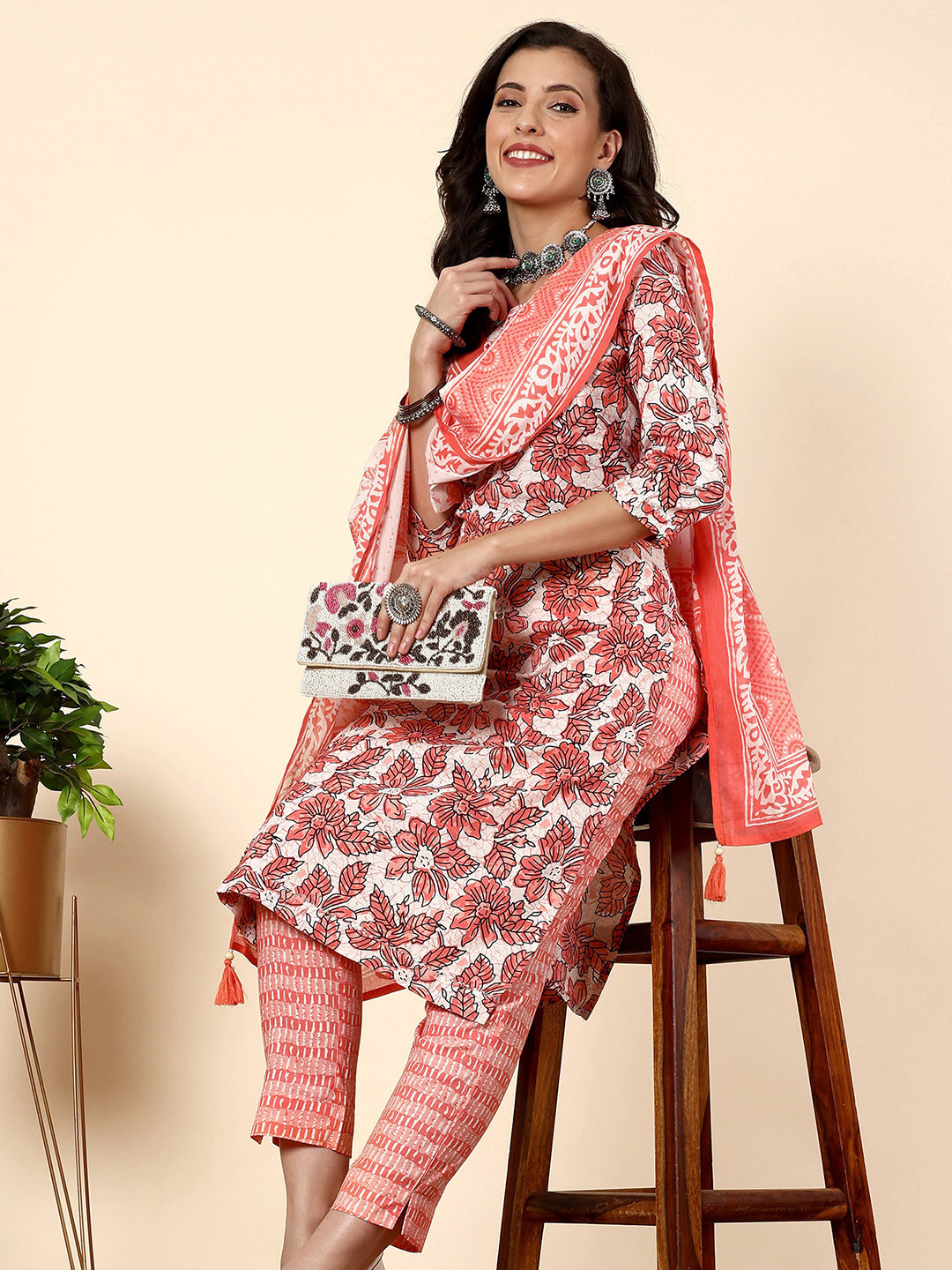 Anouk Floral Printed Sequinned Cotton Kurta with Trousers & With Dupatta
