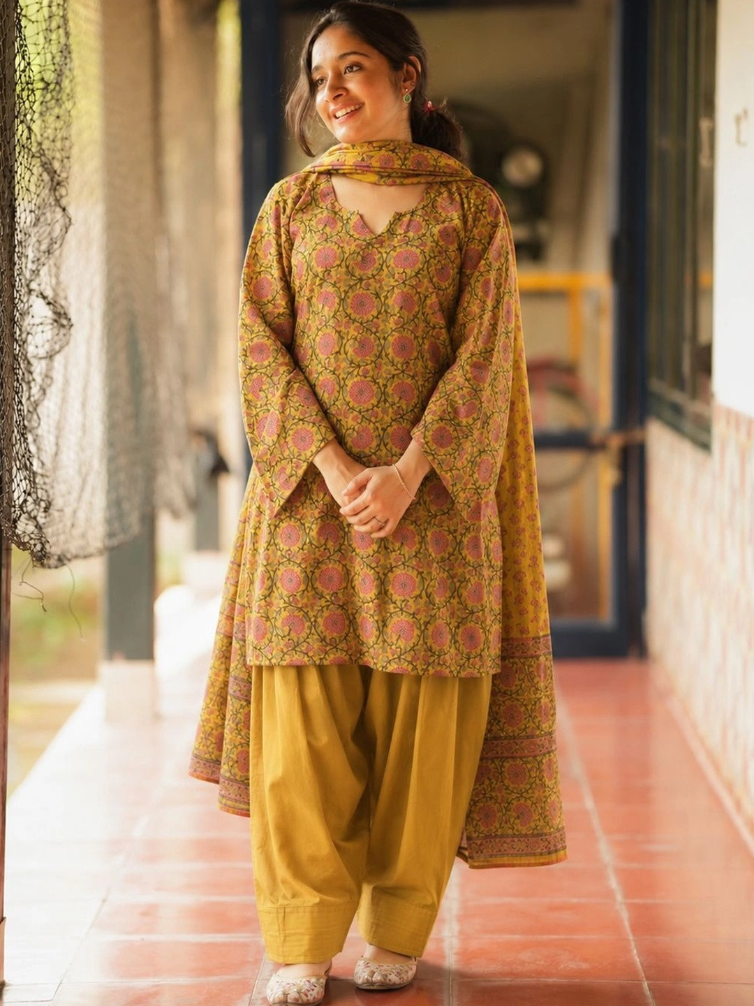 GoSriKi Women's Mustard Cotton Blend Printed Short Kurta With Farshi Salwar & Dupatta Sets