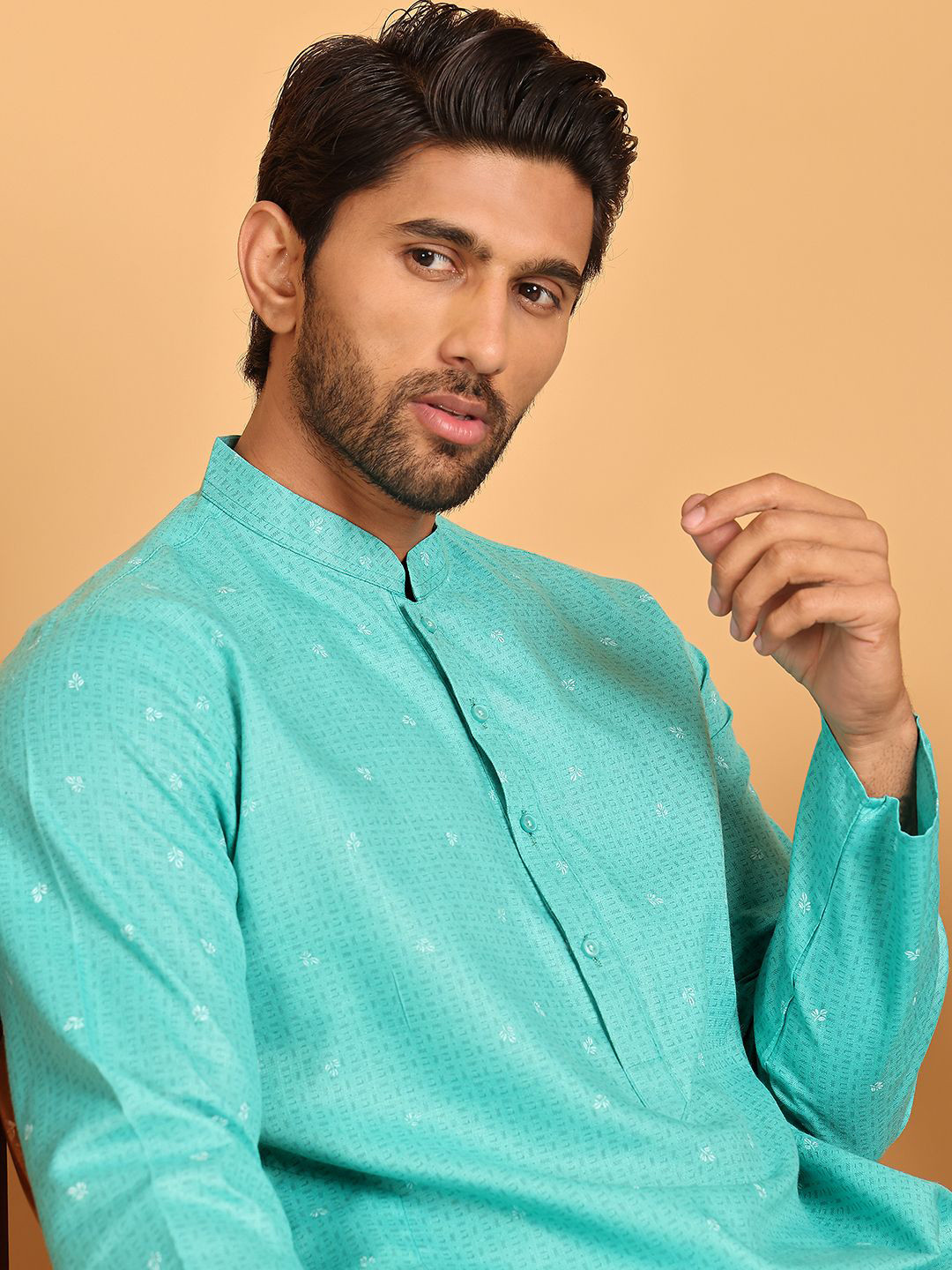 Anouk Blue Floral Printed Mandarin Collar Cotton Straight Kurta