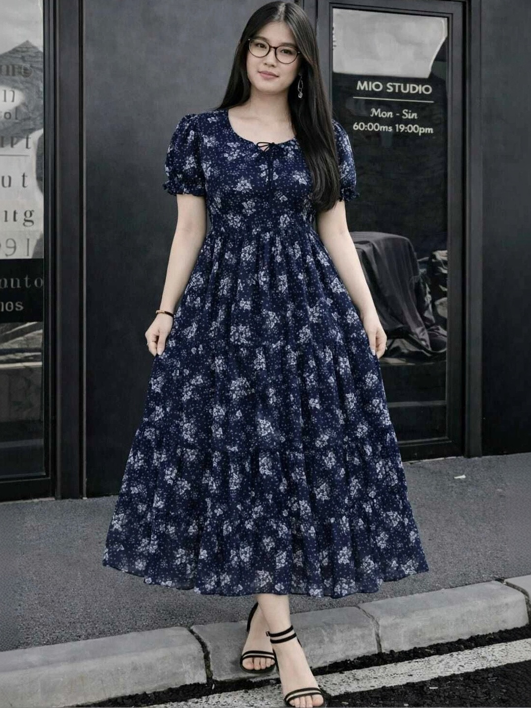 2013 USK COLLECTION Floral Print Puff Sleeve Georgette Maxi Dress