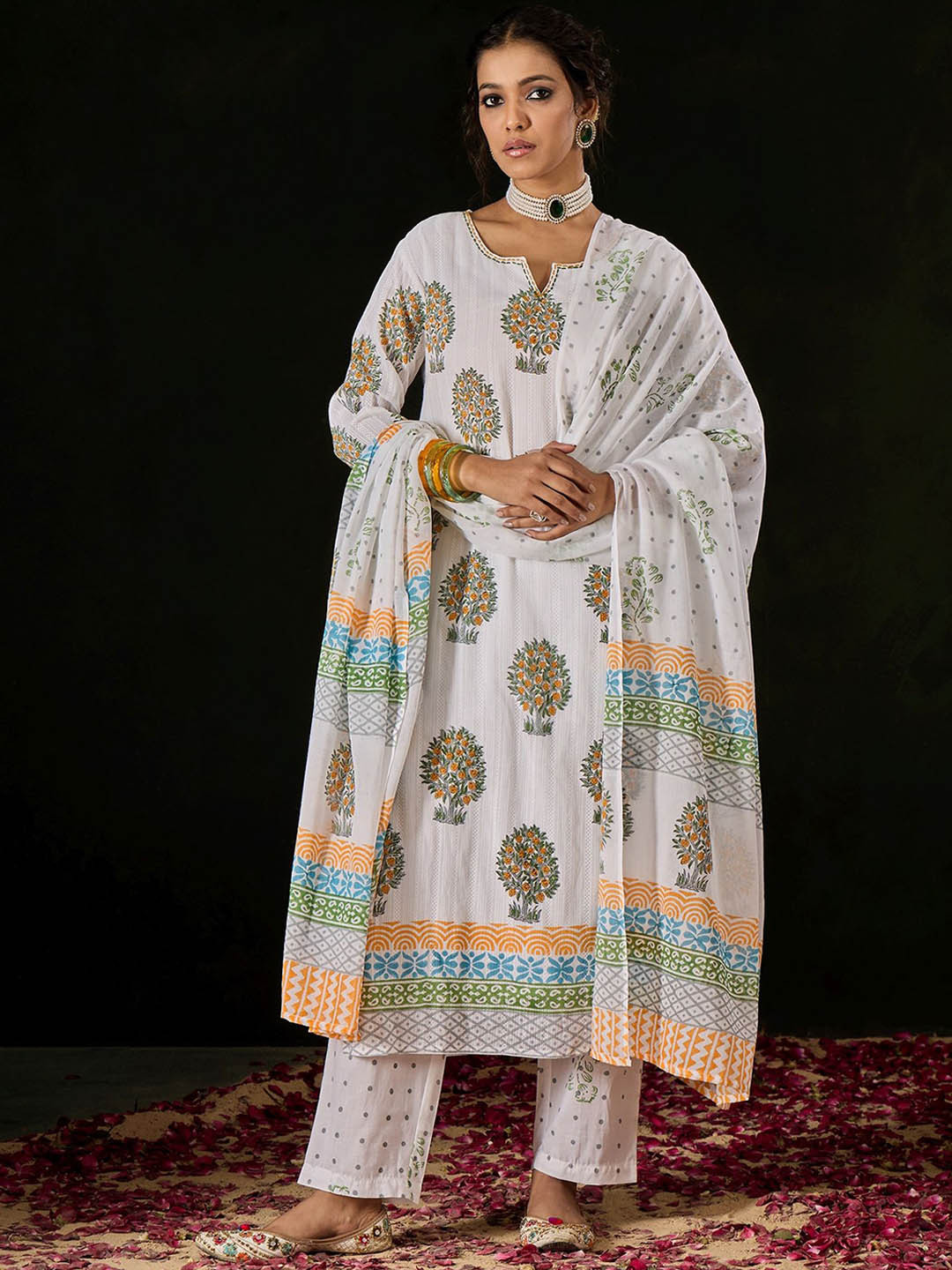 Anouk White Floral Embroidered Pure Cotton Straight Kurta With Trousers & Dupatta