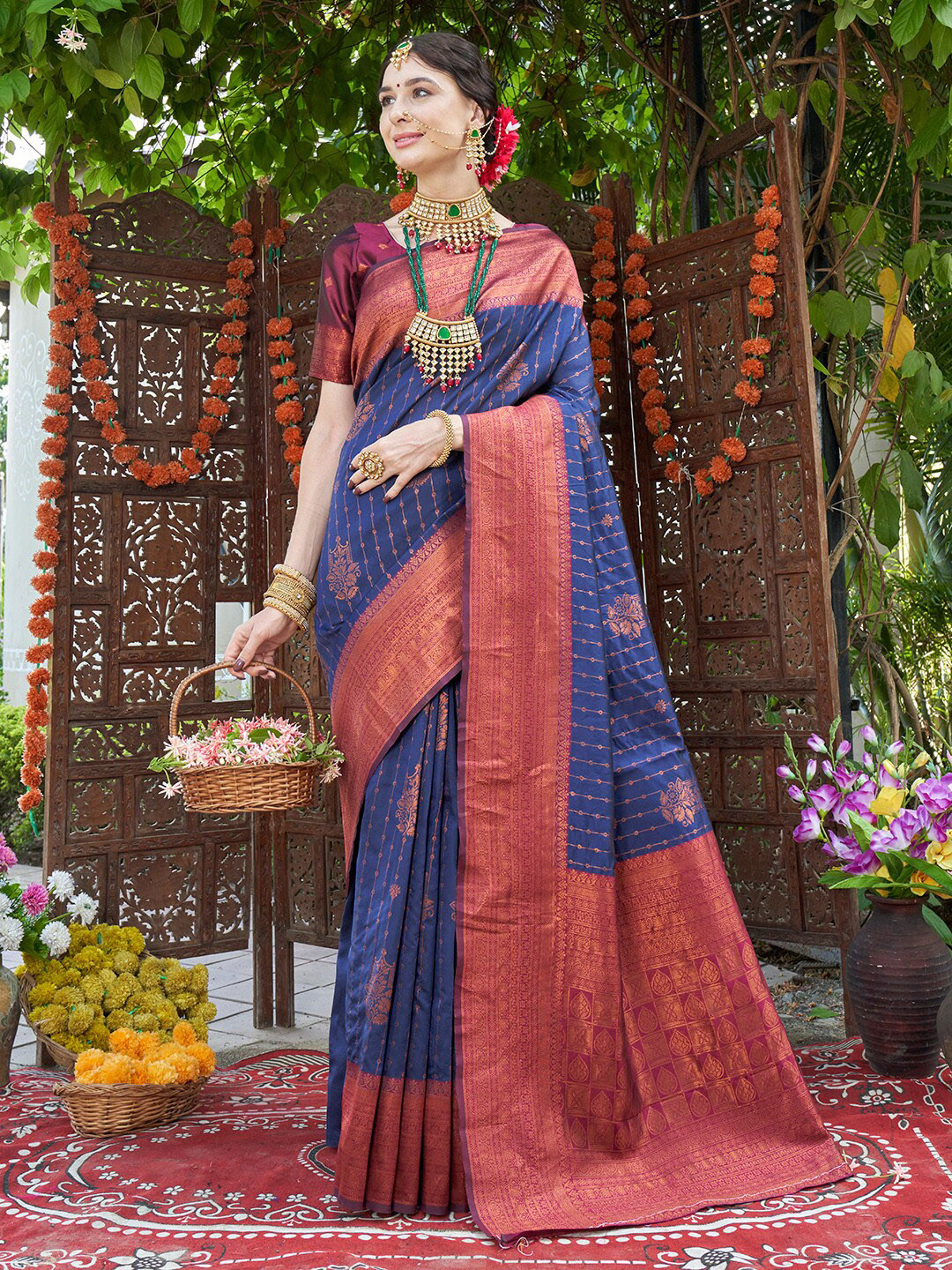 Anouk Navy Blue & Purple Ethnic Motifs Woven Design Zari Kanjeevaram Saree