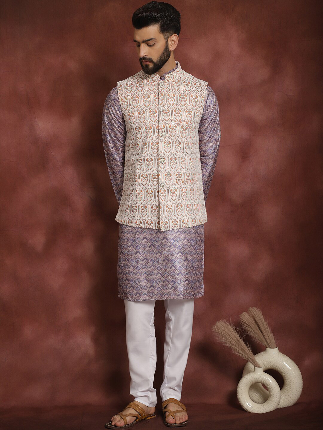 Anouk Striped Mandarin Collar Knee Length Regular Kurta with Churidar