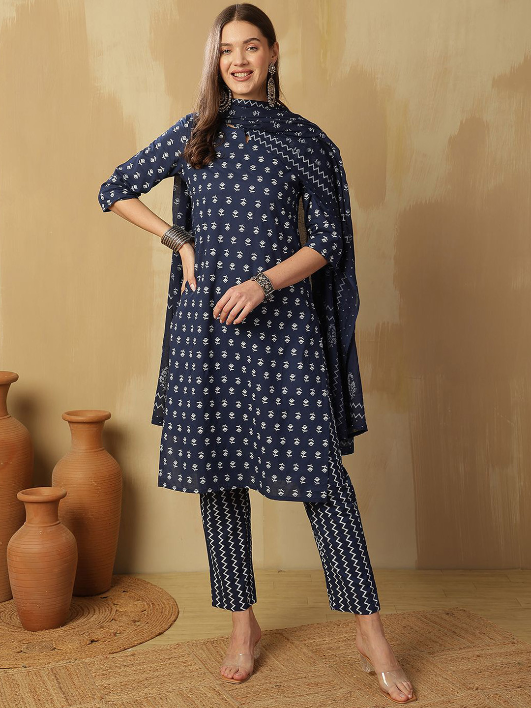 Anouk Navy Blue Ethnic Motifs Printed Pure Cotton Notch-Neck Kurta With Trousers & Dupatta