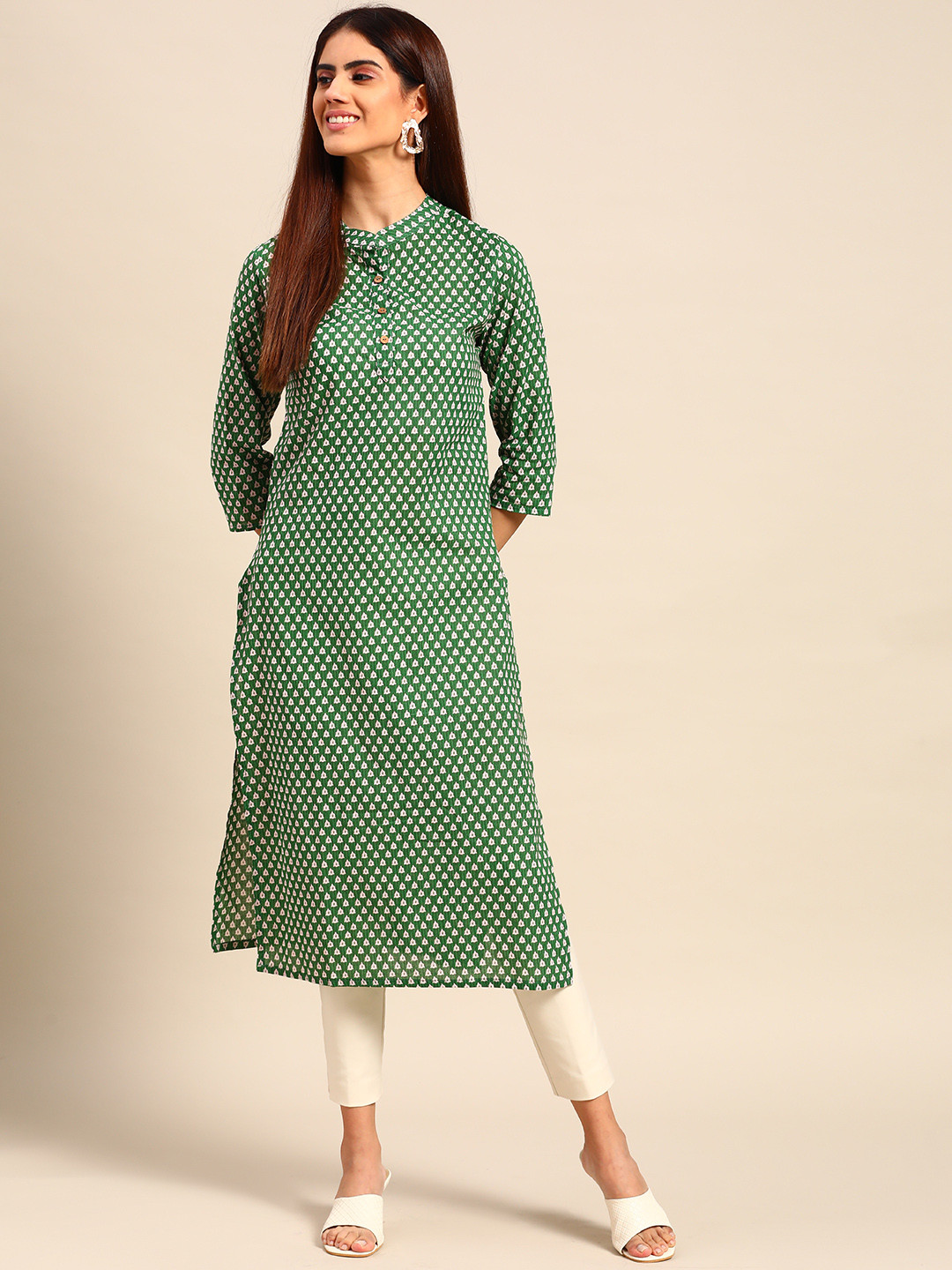 Anouk Women Green & White Ethnic Motifs Printed Cotton Kurta