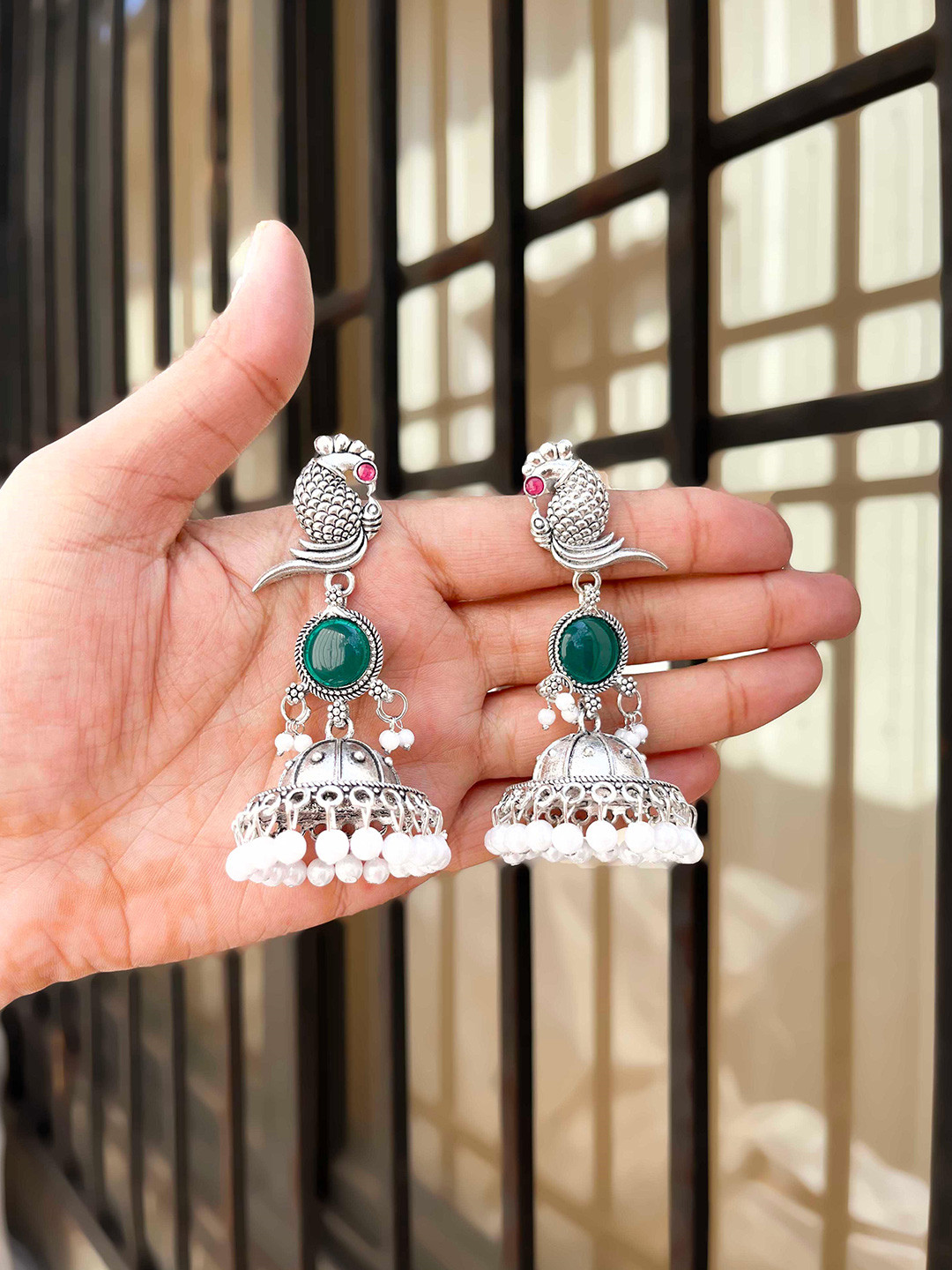 Anouk Silver-Plated Artificial Stones Studded And Beaded Oxidised Dome Shaped Jhumkas