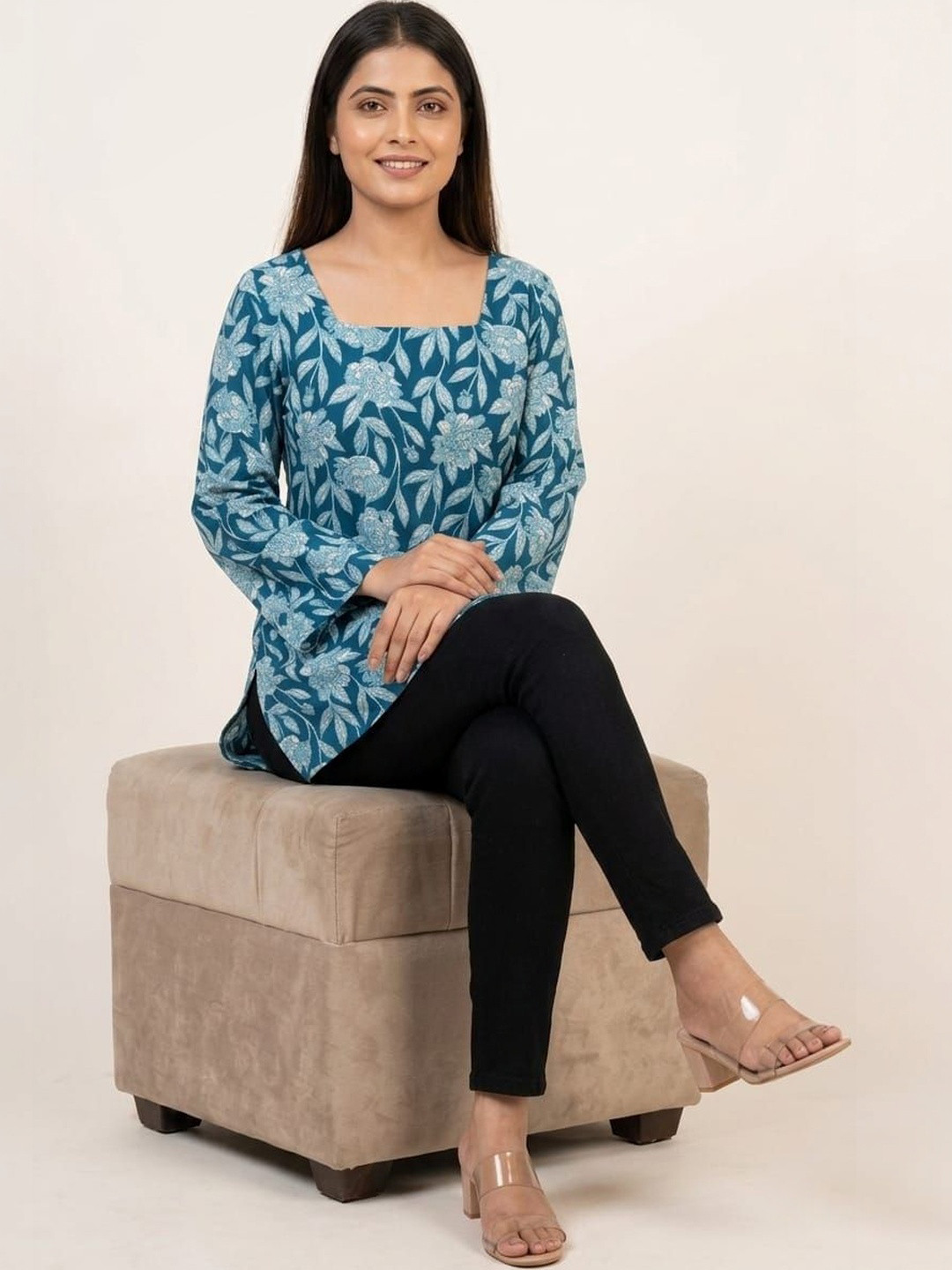 Roopmytra Floral Printed Square Neck Flared Sleeves Kurti