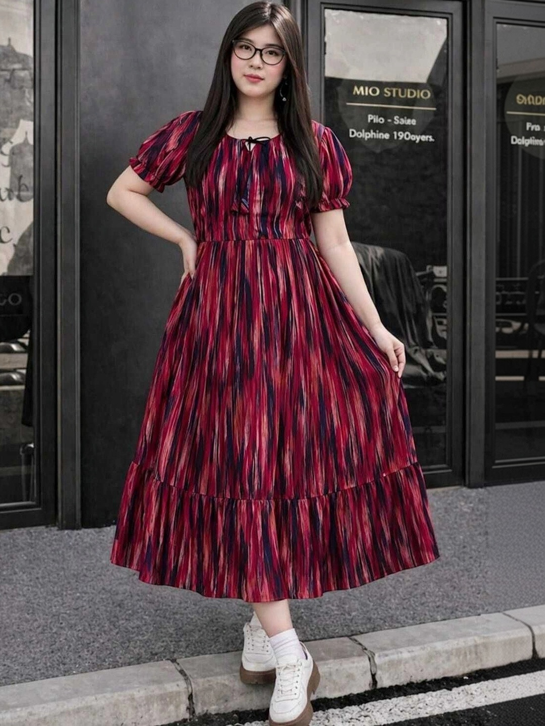 2013 USK COLLECTION Print Puff Sleeve Georgette A-Line Midi Dress